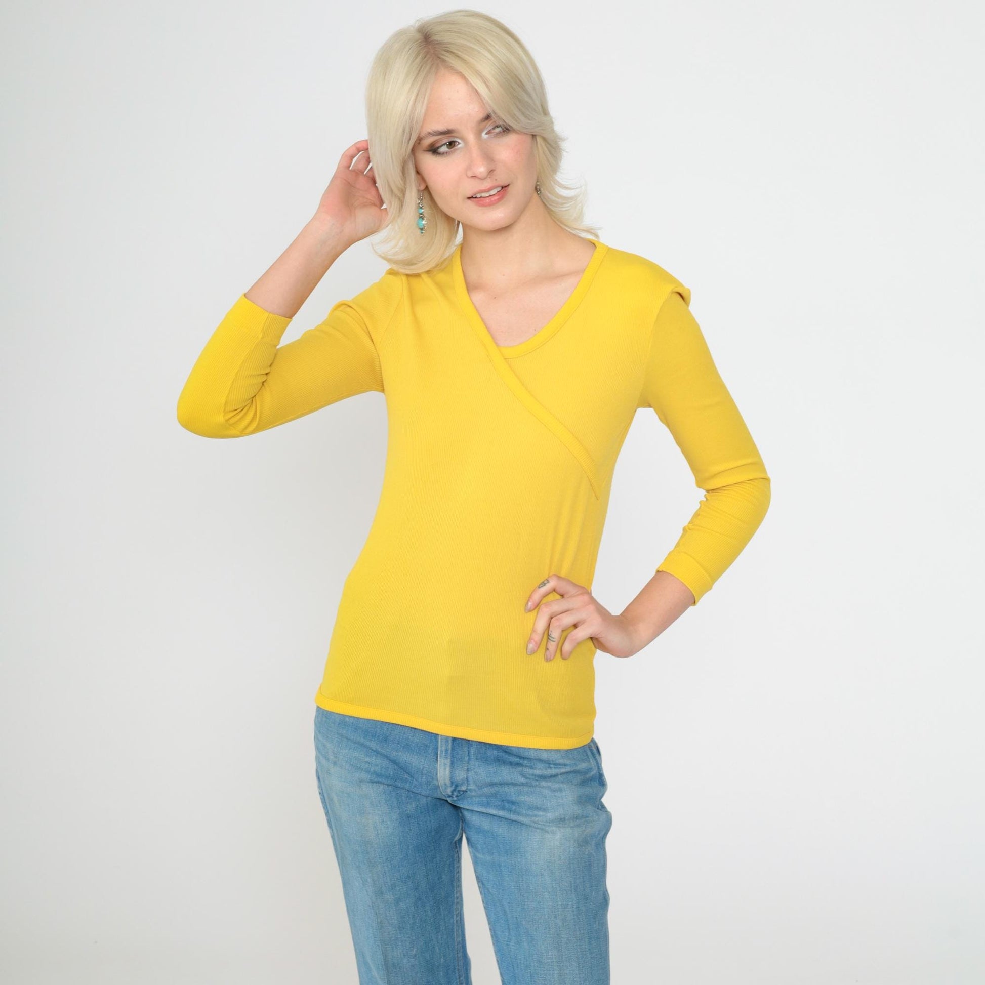 70s Yellow Ribbed Nylon Blouse Asymmetrical Faux Wrap V-Neck Long Sleeve XS
