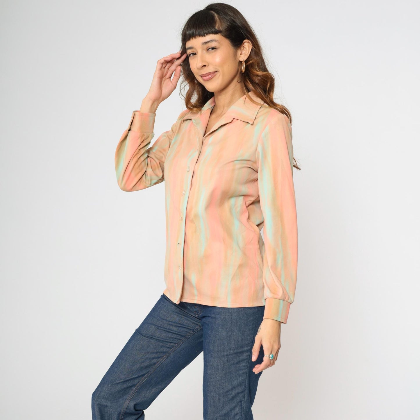 70s Jeanne Durell Abstract Print Button-Up Blouse Peach Aqua Large L