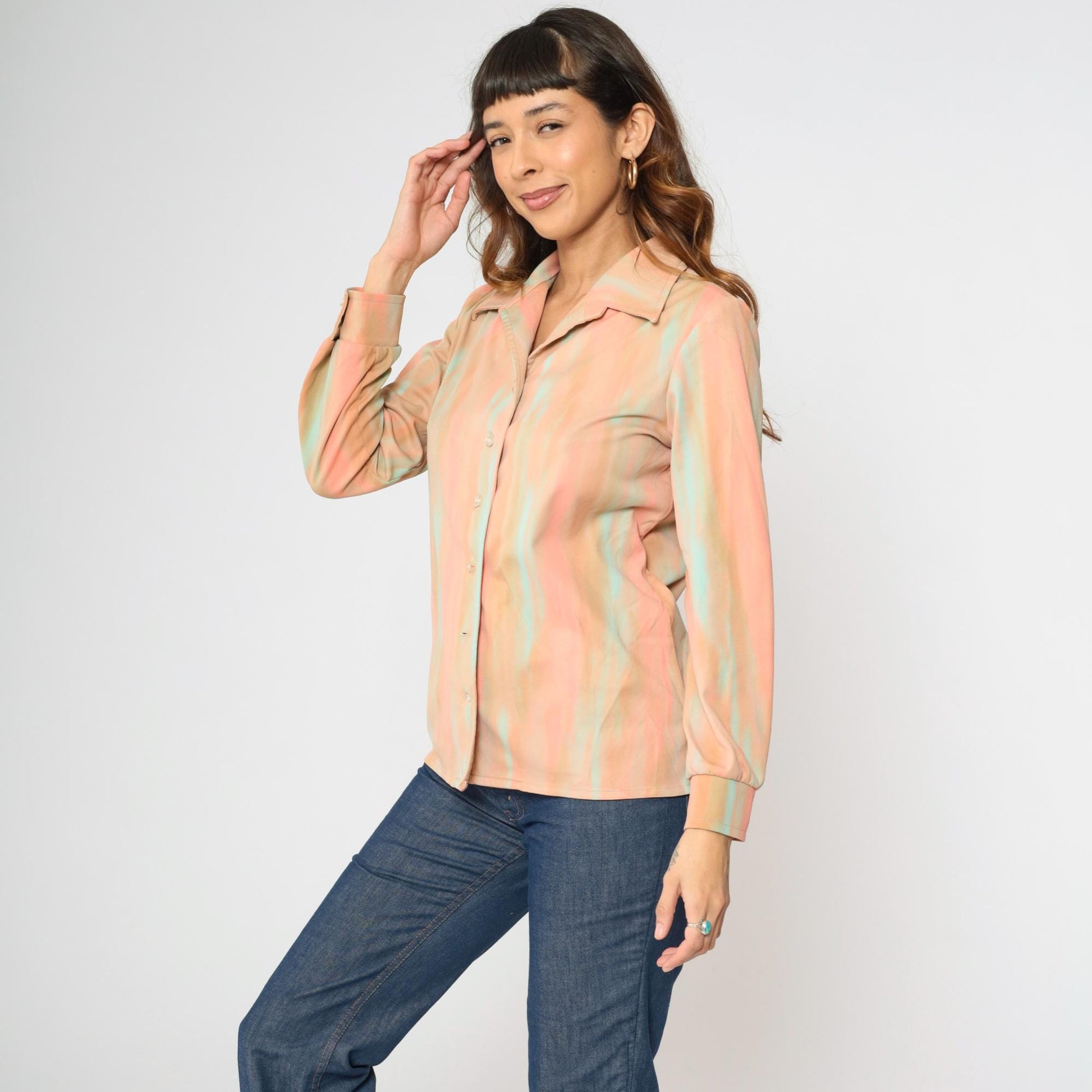 70s Jeanne Durell Abstract Print Button-Up Blouse Peach Aqua Large L