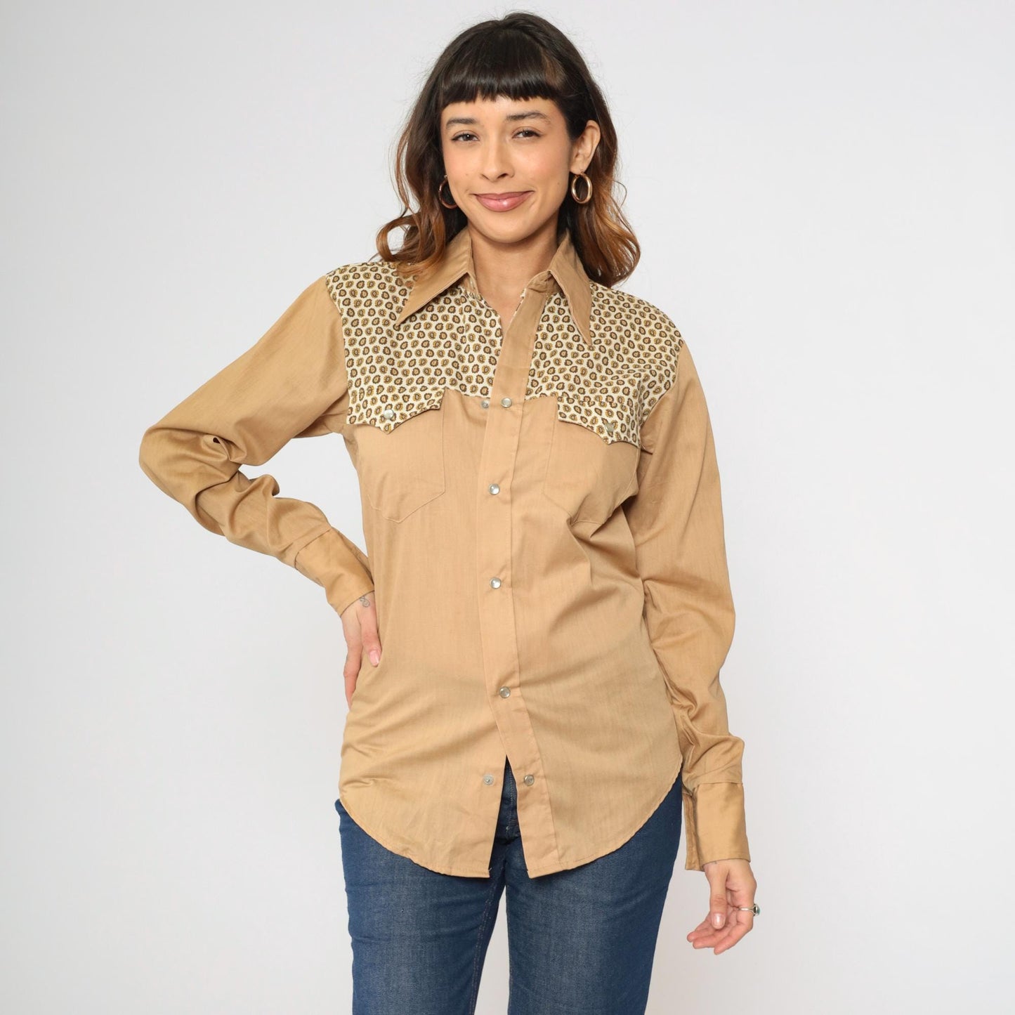 70s Paisley Yoke Western Pearl Snap Shirt Tan Men's Small