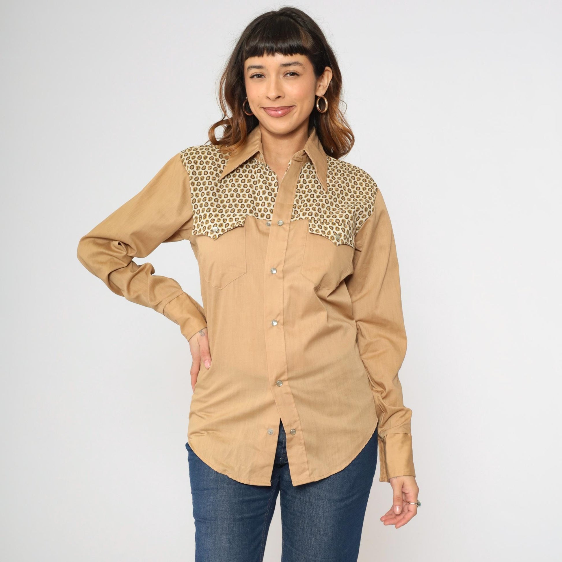 70s Paisley Yoke Western Pearl Snap Shirt Tan Men's Small