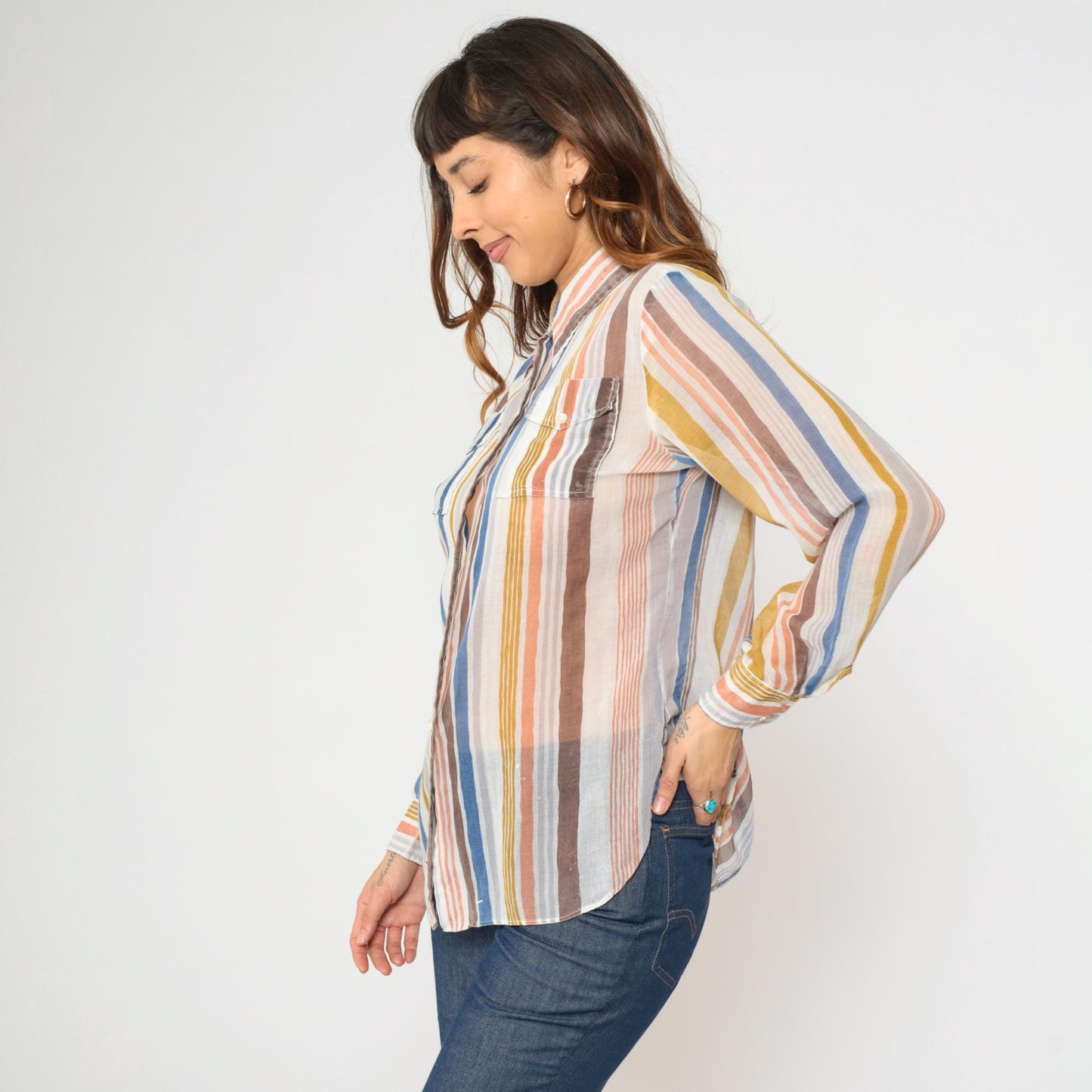 70s Tannerway Striped Button Up Shirt Sheer Earth Tone Long Sleeve Large