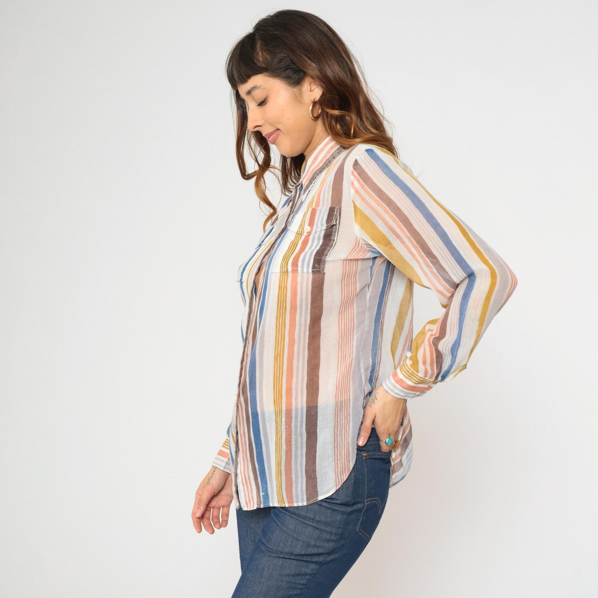 70s Tannerway Striped Button Up Shirt Sheer Earth Tone Long Sleeve Large