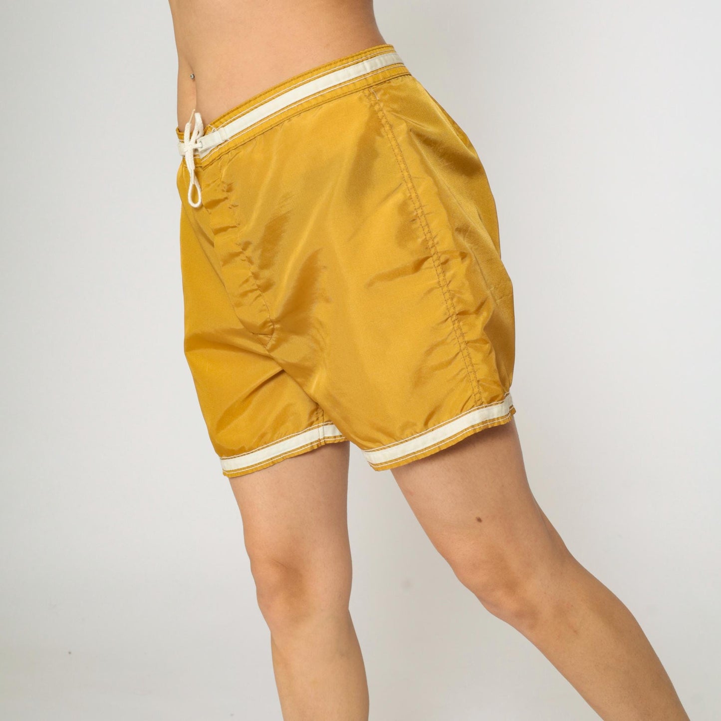 1970s Sears Swim Trunks Mustard Yellow Striped Board Shorts Medium 34