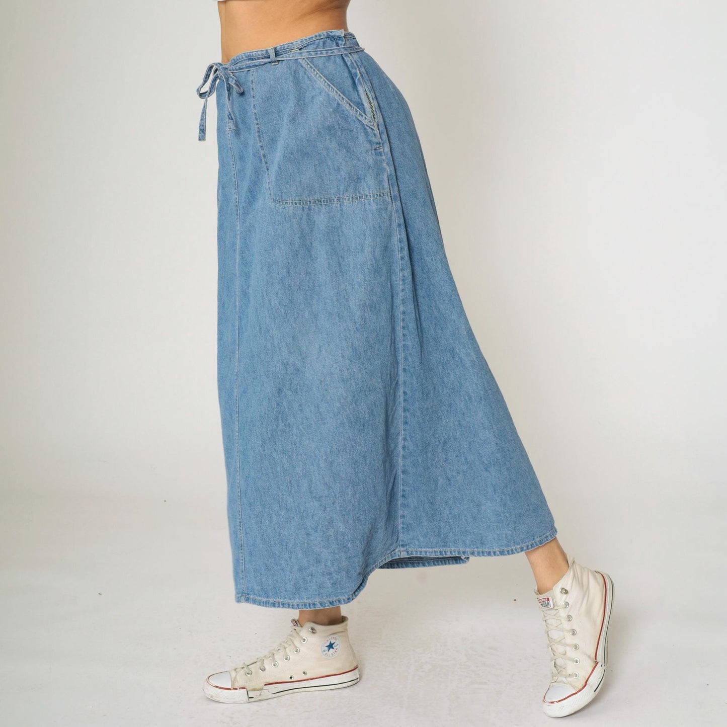 90s St. John's Bay Denim Cargo Maxi Skirt Blue High Waist Tie Closure Size 16W