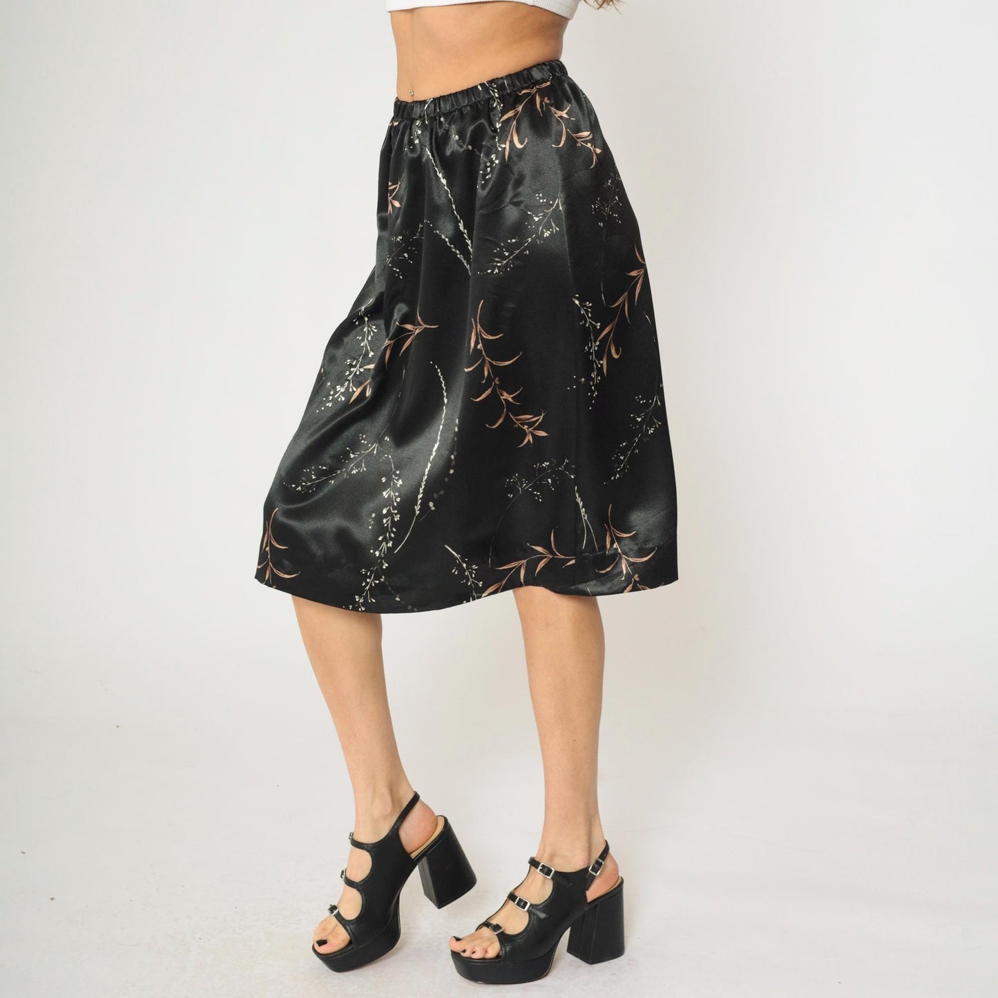 90s Black Satin Midi Skirt Floral Print High Waist Elastic Small