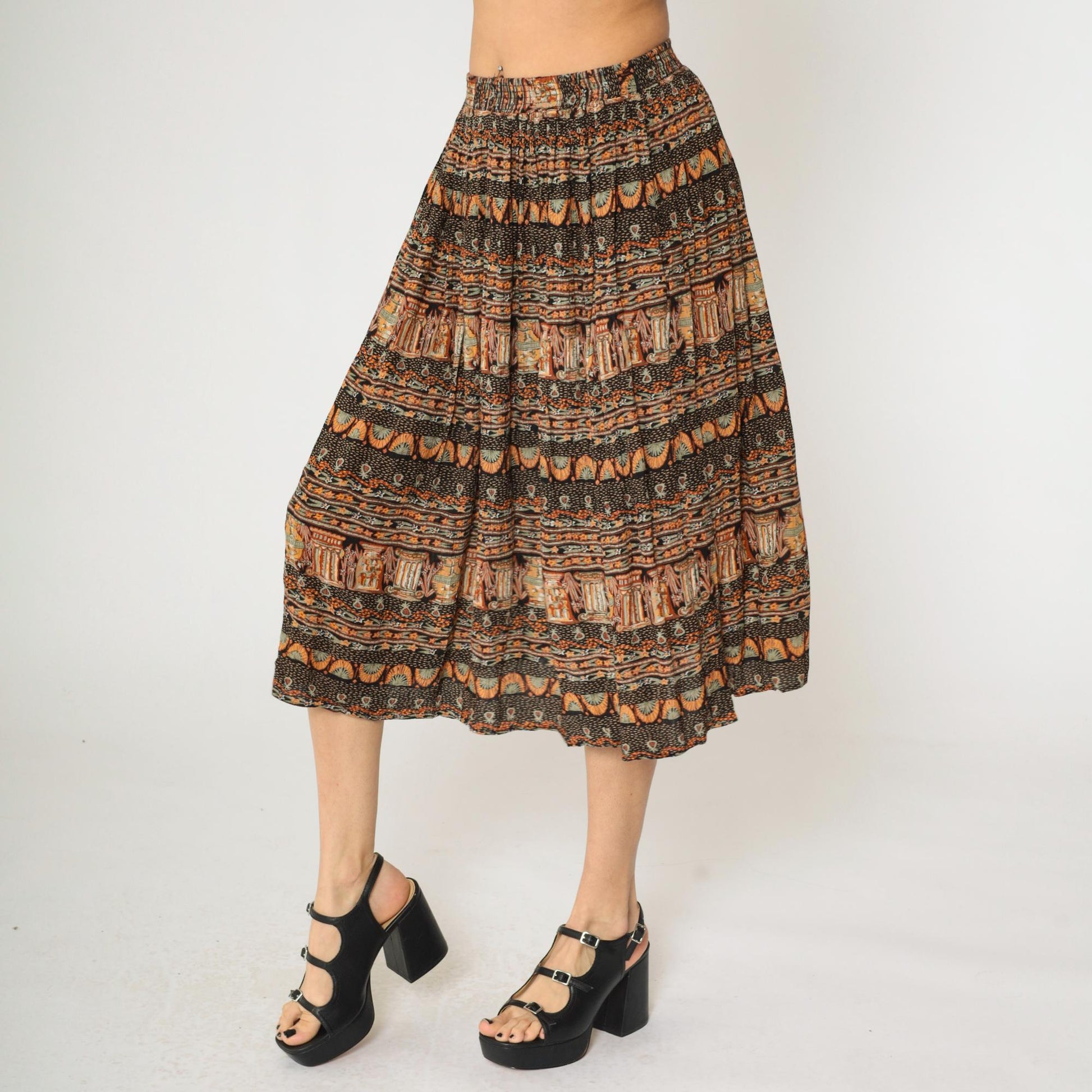 90s Broomstick Midi Skirt Black Orange Vase Print Crinkle Rayon Medium M