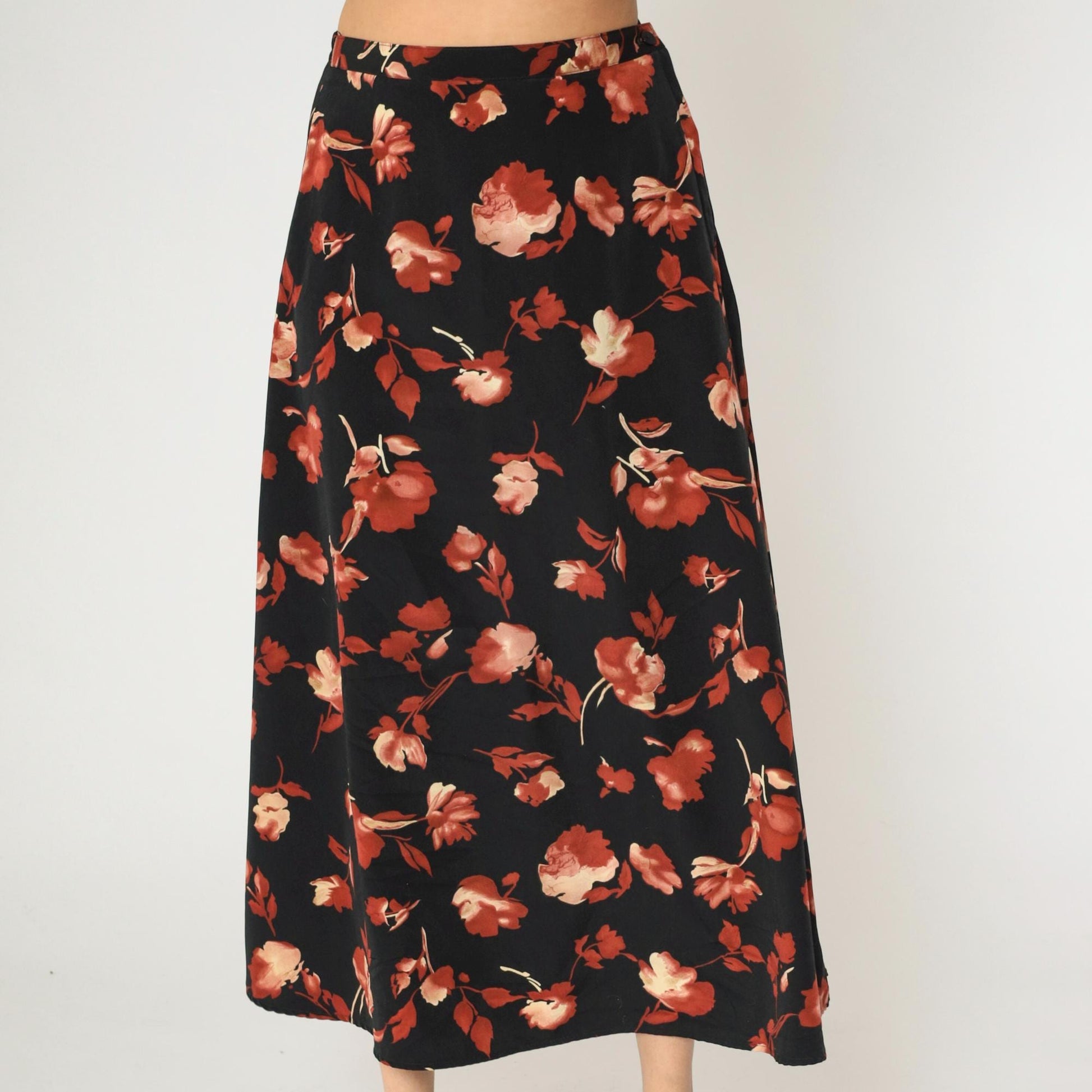 90s Black Floral A-Line Maxi Skirt High Waisted Rust Orange Small