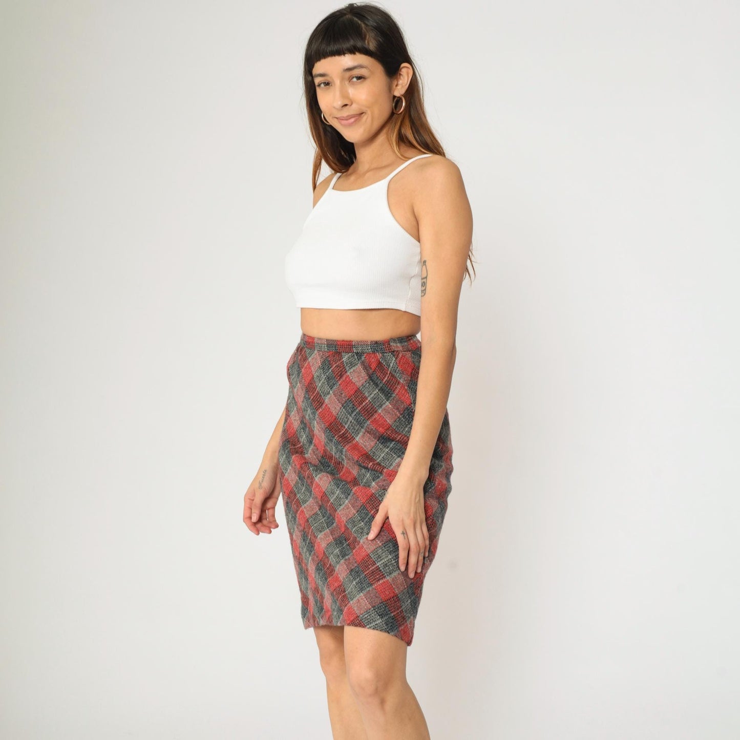80s Checkered Skirt Grey Red High Waisted Straight Knee Length Extra Small