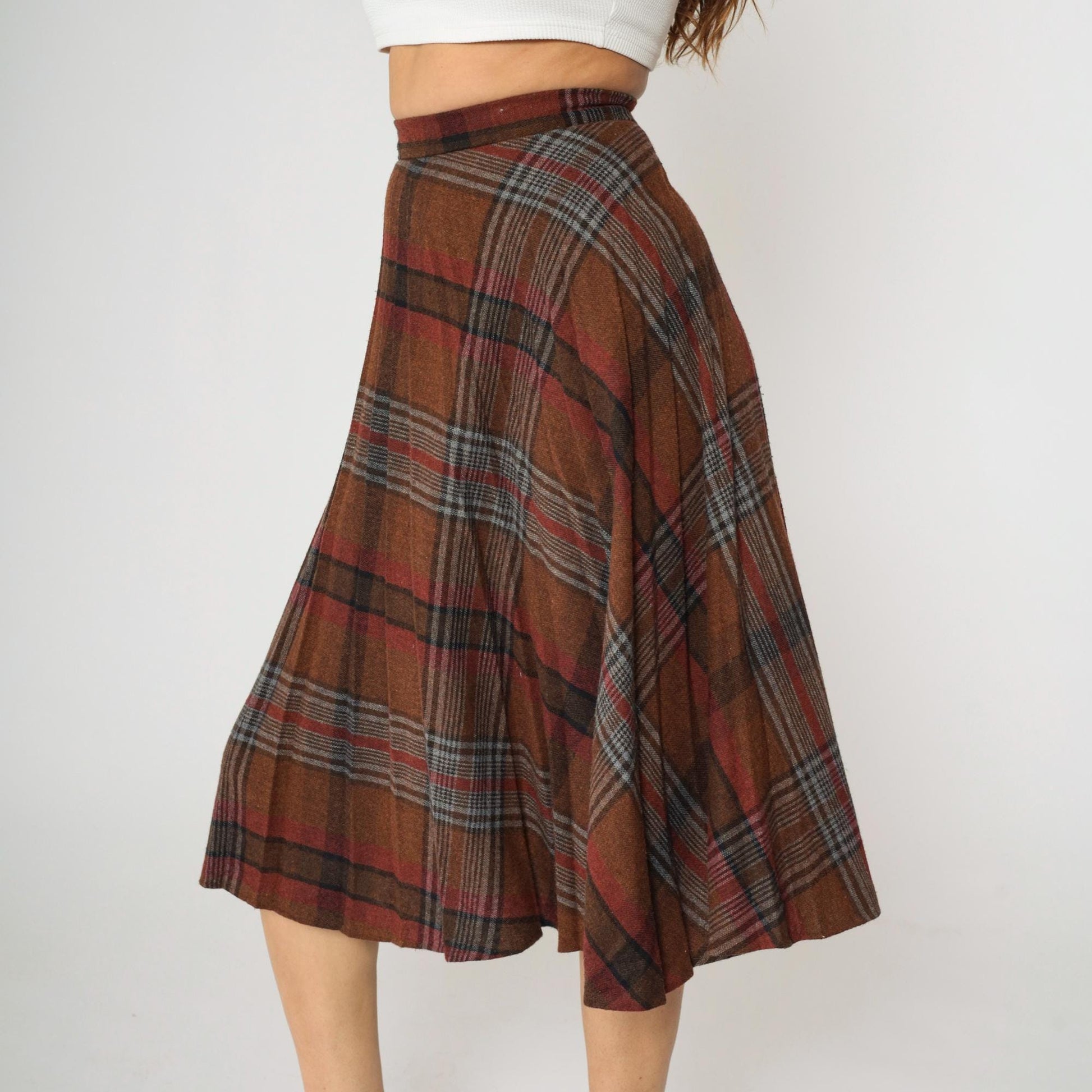 80s Russ Togs II Plaid Midi Skirt Brown High-Waisted A-Line Small