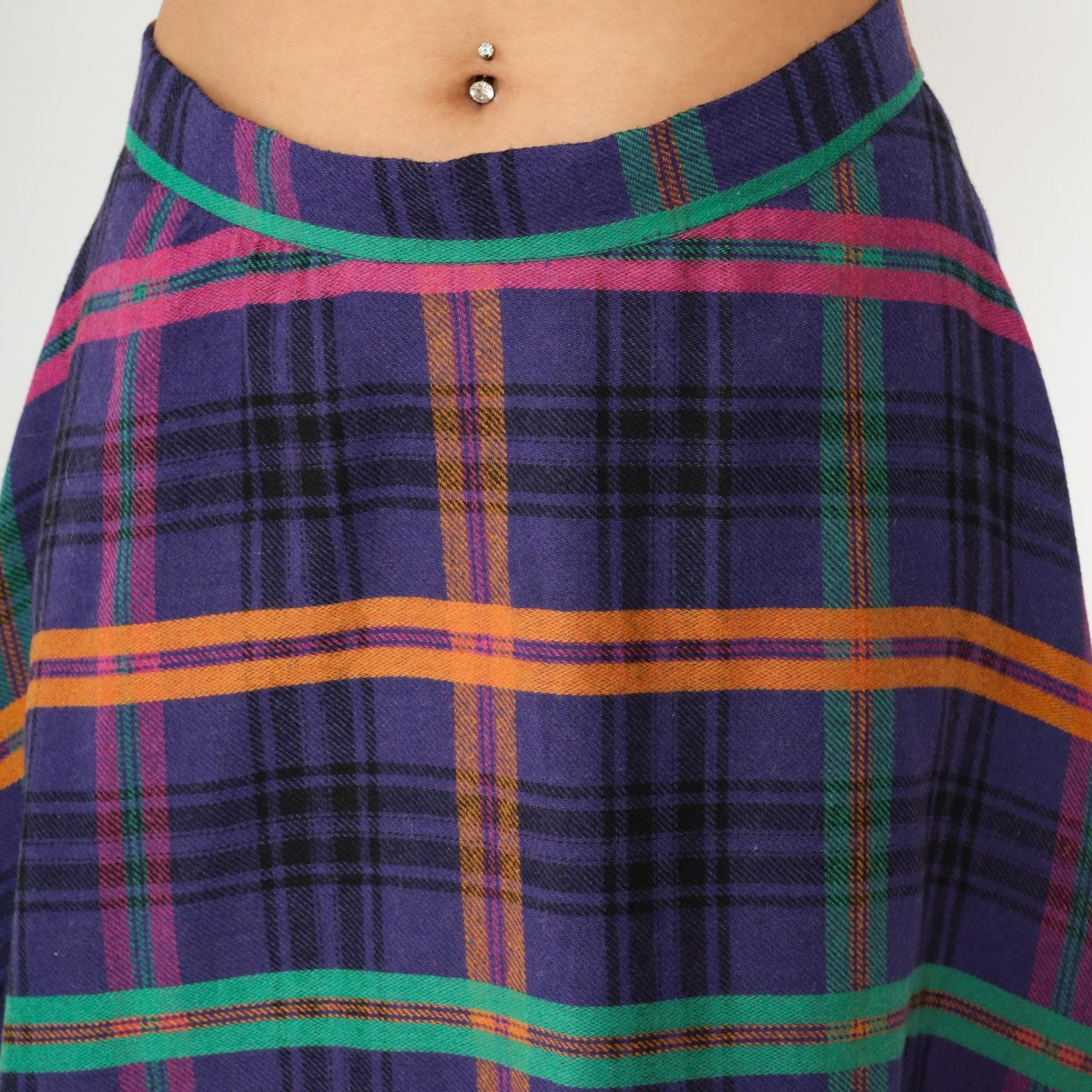 90s Purple Plaid Midi Skirt High Waisted Checkered School Girl Medium M