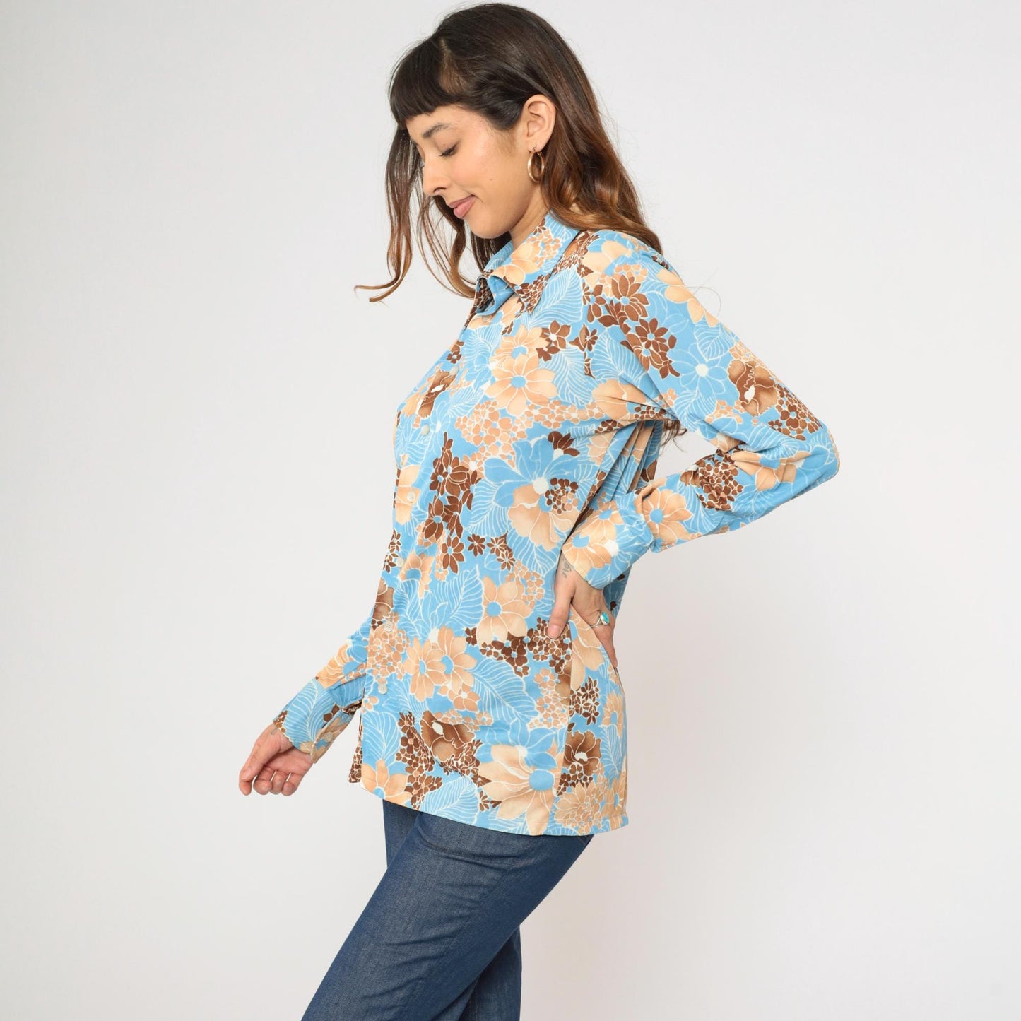 70s Prince Igor Floral Button-Up Shirt Blue Brown Tan Dagger Collar Medium