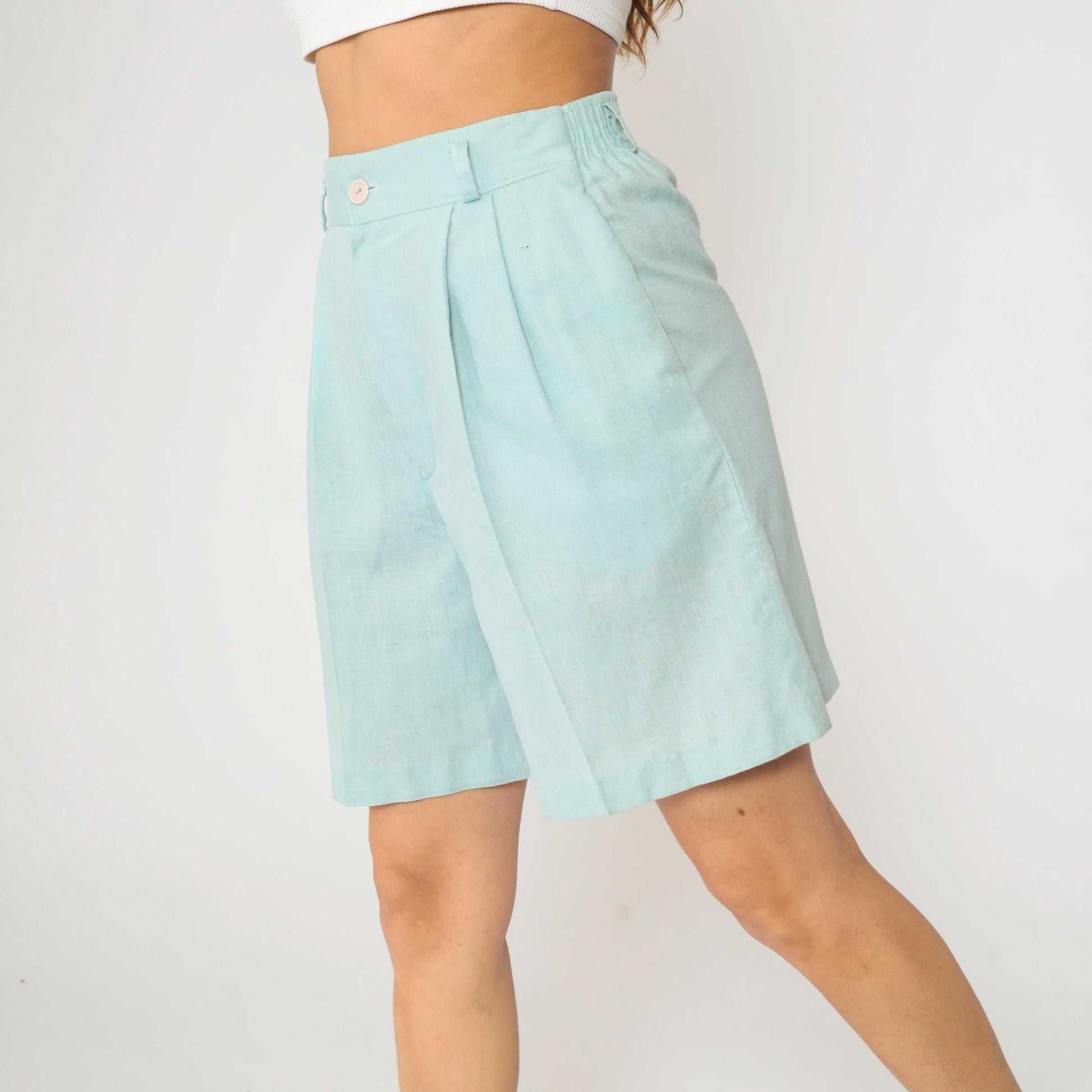80s Light Blue Pleated High-Waist Shorts Linen Blend Wide Leg Small