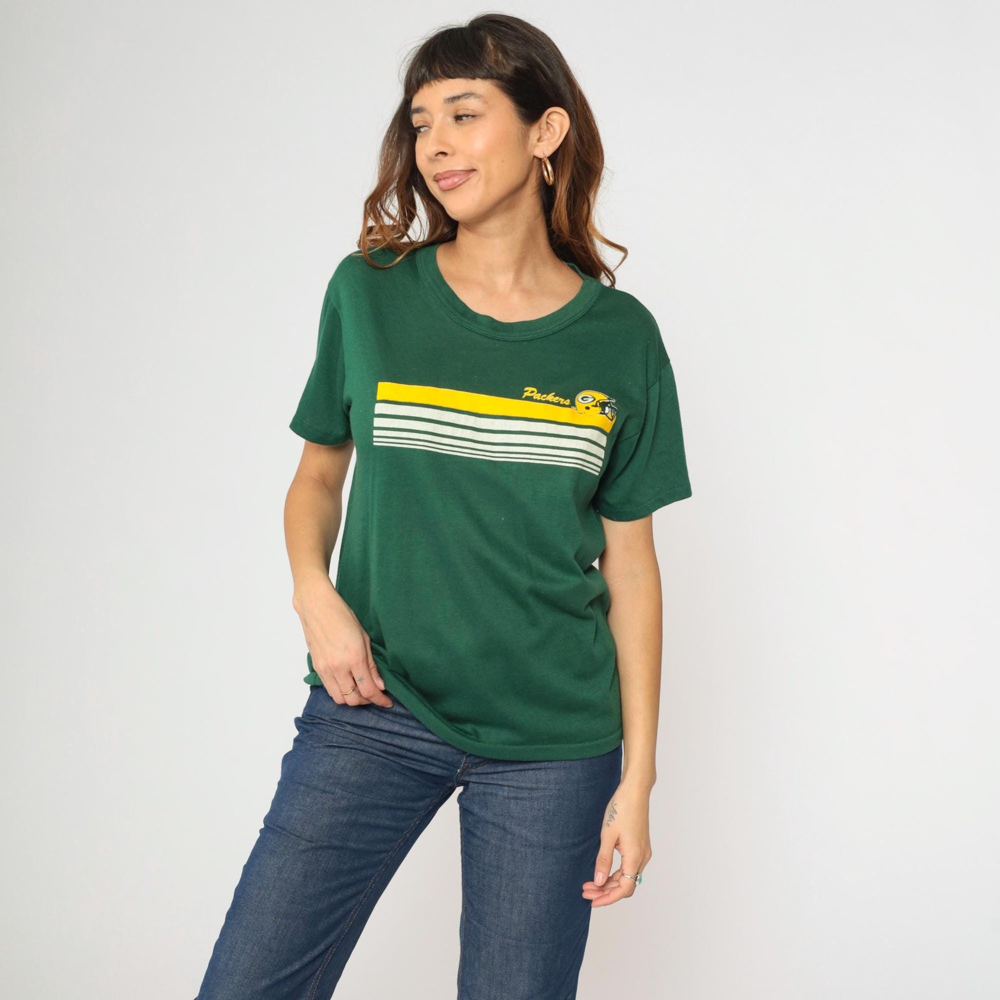 80s Green Bay Packers Graphic T-Shirt Deep Green Striped NFL Football Tee Large