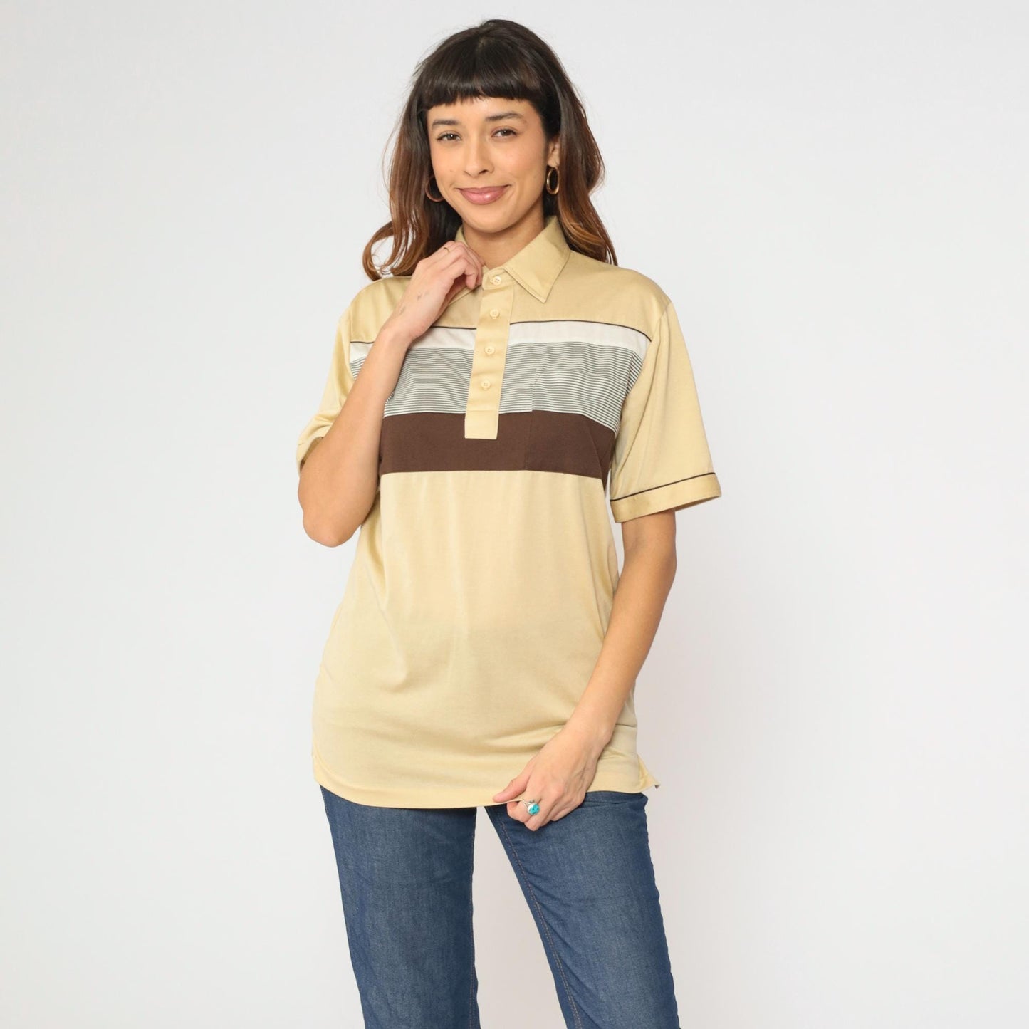 80s Anthony's Cream Striped Polo Shirt Brown White Collared Medium