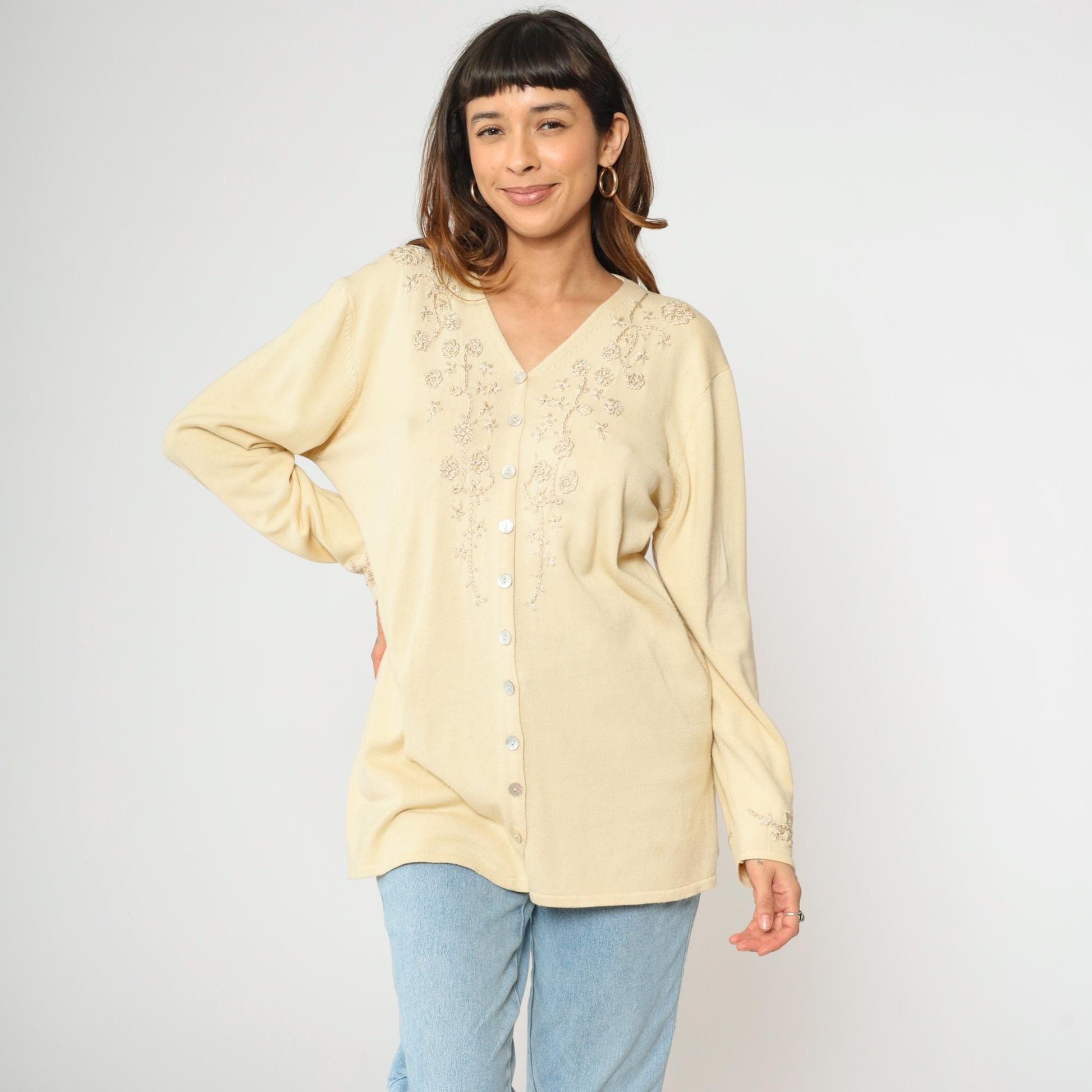 90s Cream Floral Embroidered Cardigan Sweater Longline V Neck Large L