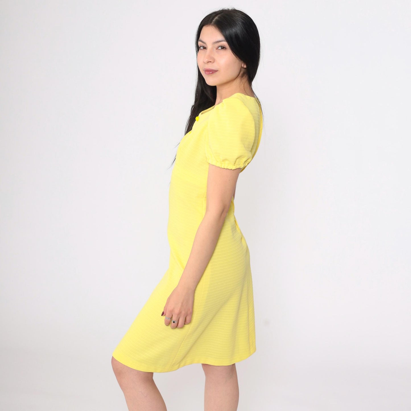 70s Yellow Babydoll Dress Empire Waist Puff Sleeve Mini Scoop Neck Small