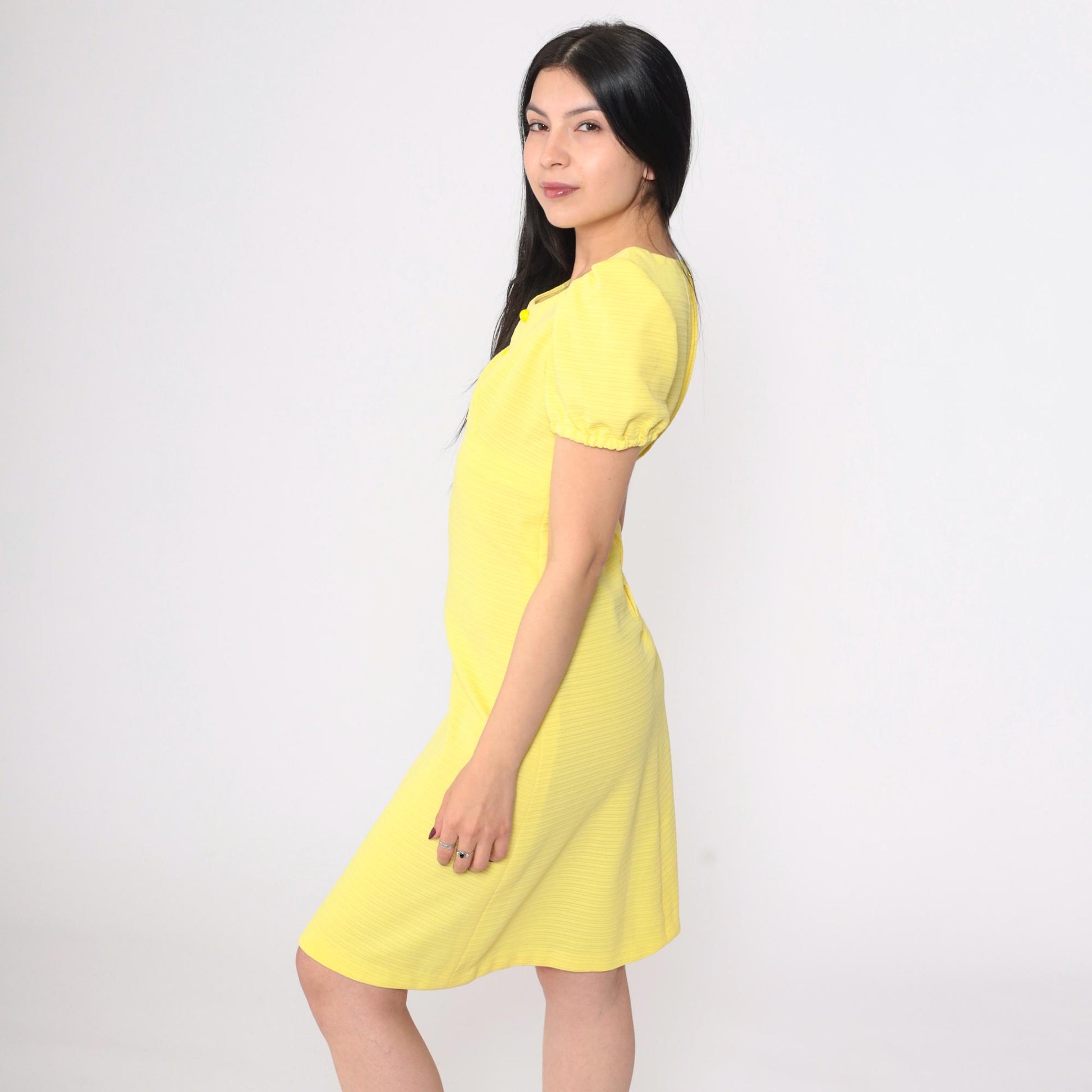 70s Yellow Babydoll Dress Empire Waist Puff Sleeve Mini Scoop Neck Small