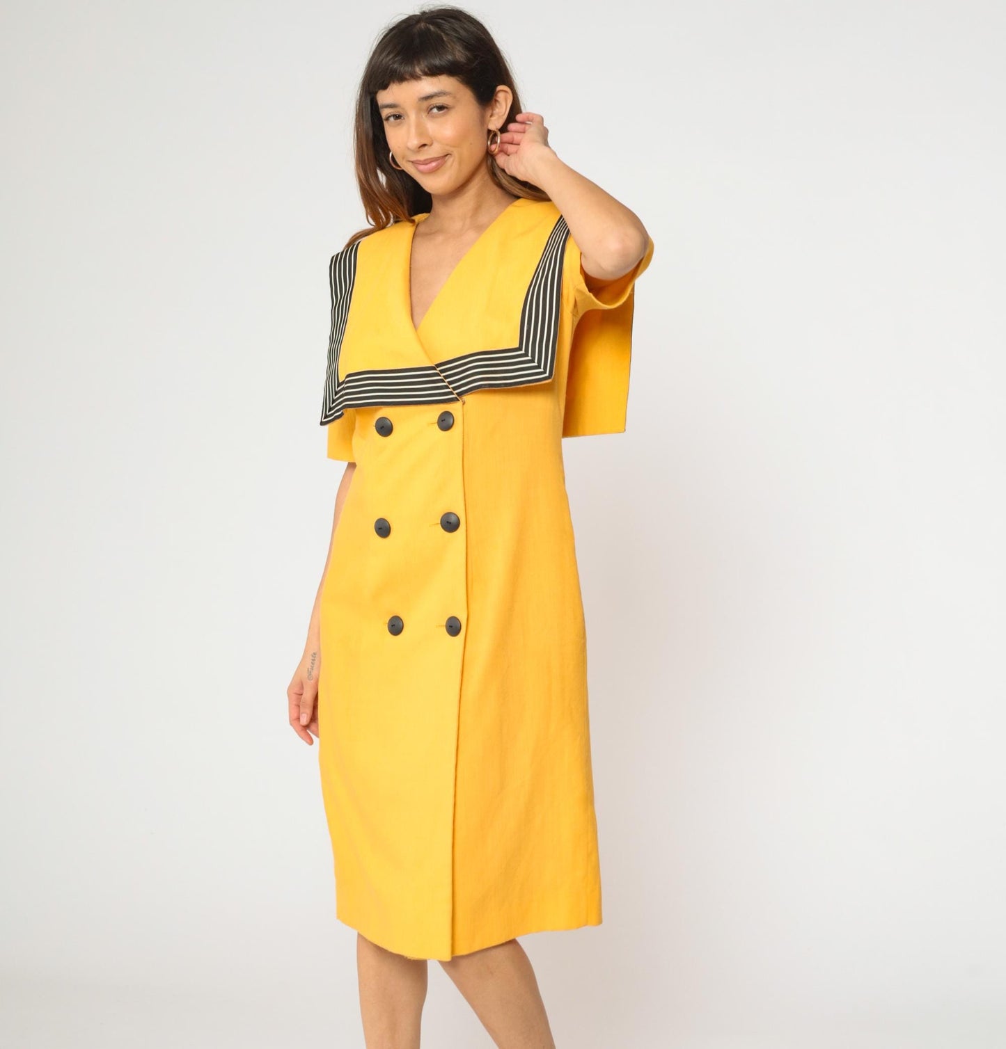 80s Yellow Sailor Collar Midi Dress Double Breasted Black Striped Medium