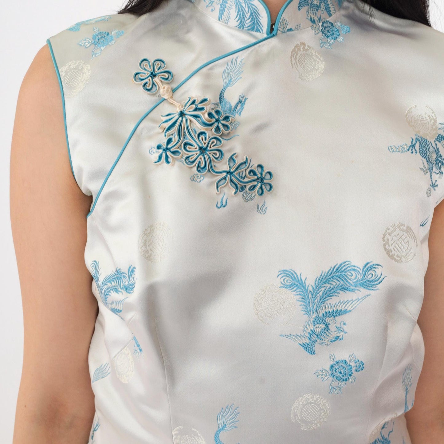 80s Light Blue Satin Cheongsam Maxi Dress Dragon Peacock Brocade Mandarin Collar Small S