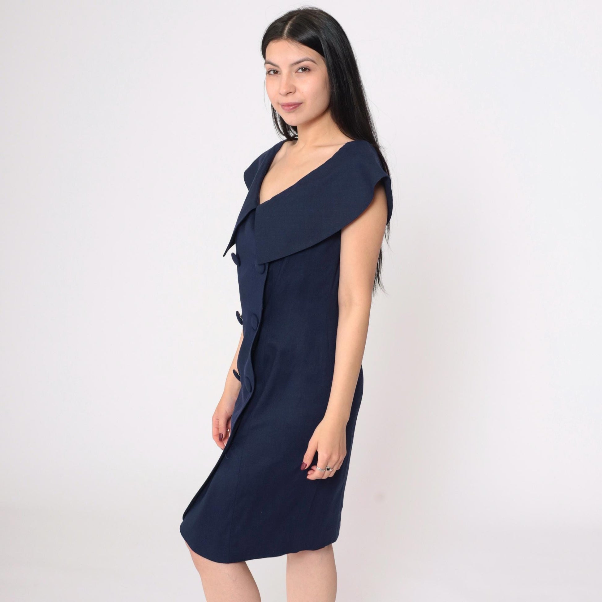 80s Kathryn Conover Navy Portrait Collar Mini Dress Double-Breasted Small 6