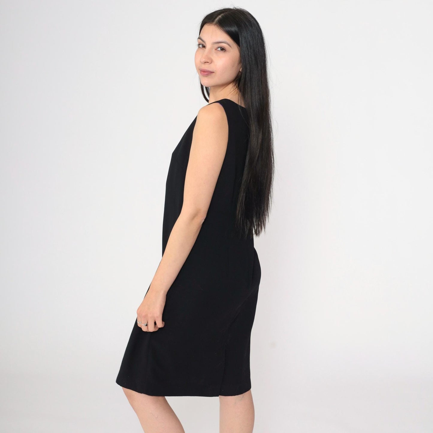 90s Black Shift Dress V-Neck Sleeveless Mini Solid Medium 8