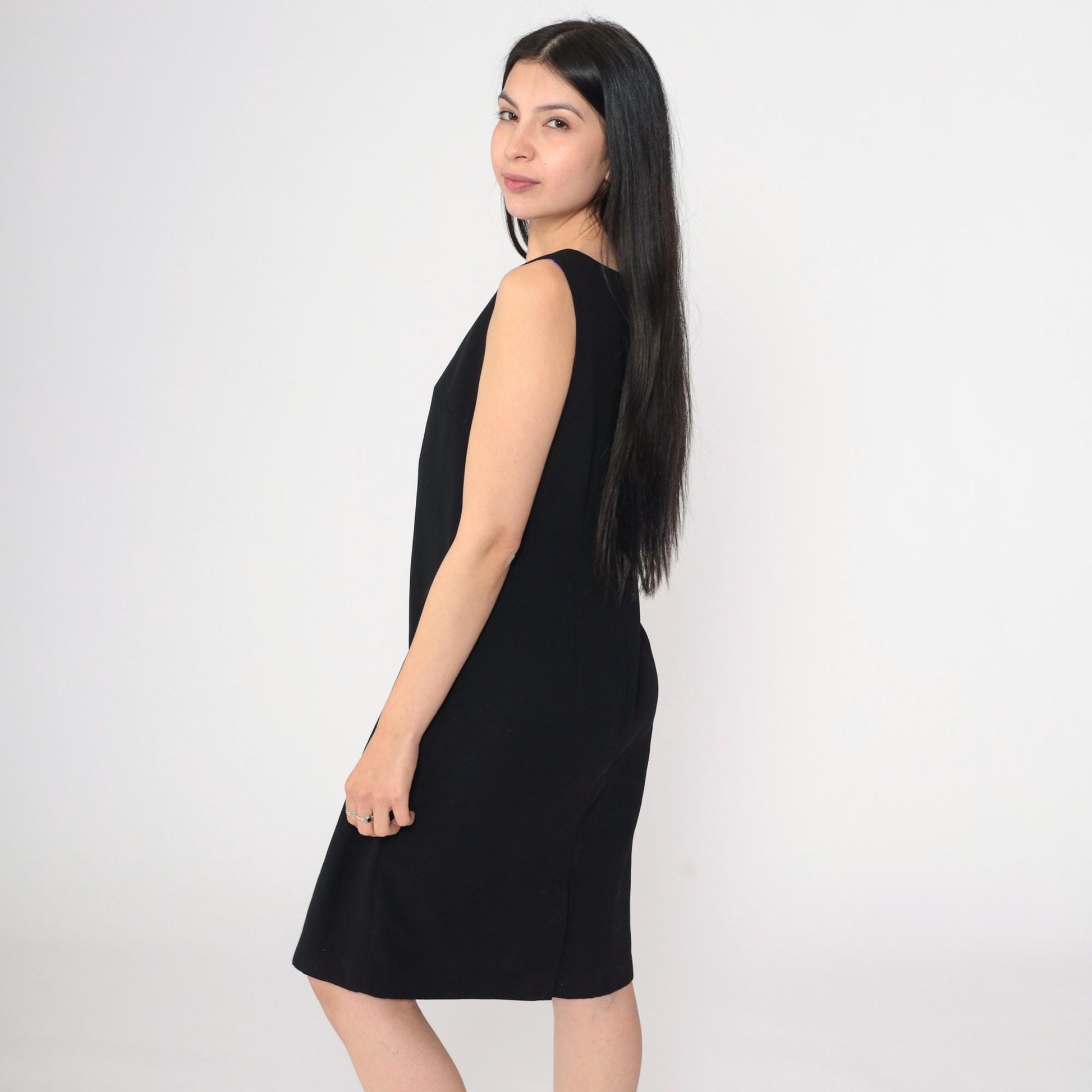 90s Black Shift Dress V-Neck Sleeveless Mini Solid Medium 8