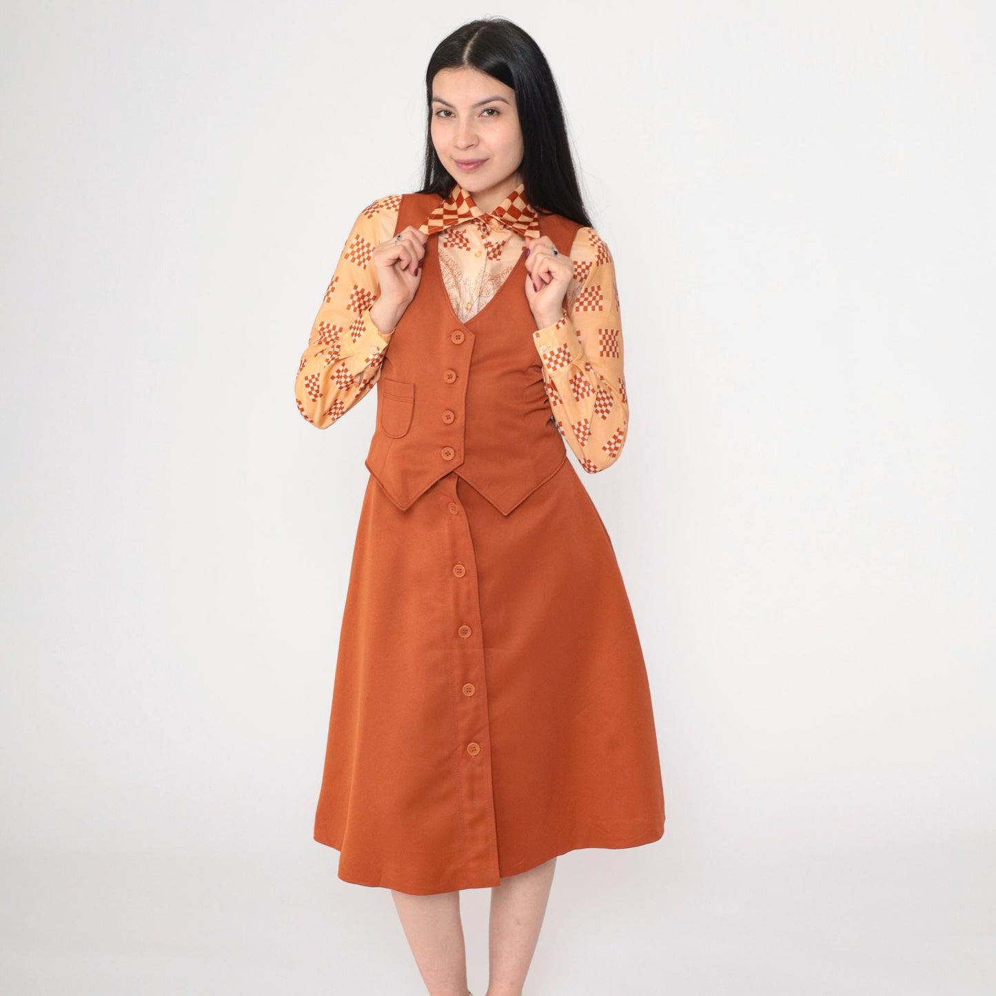 70s Bobbie Brooks Three-Piece Set Rust Brown Scenic Print Blouse Vest Midi Skirt Extra Small