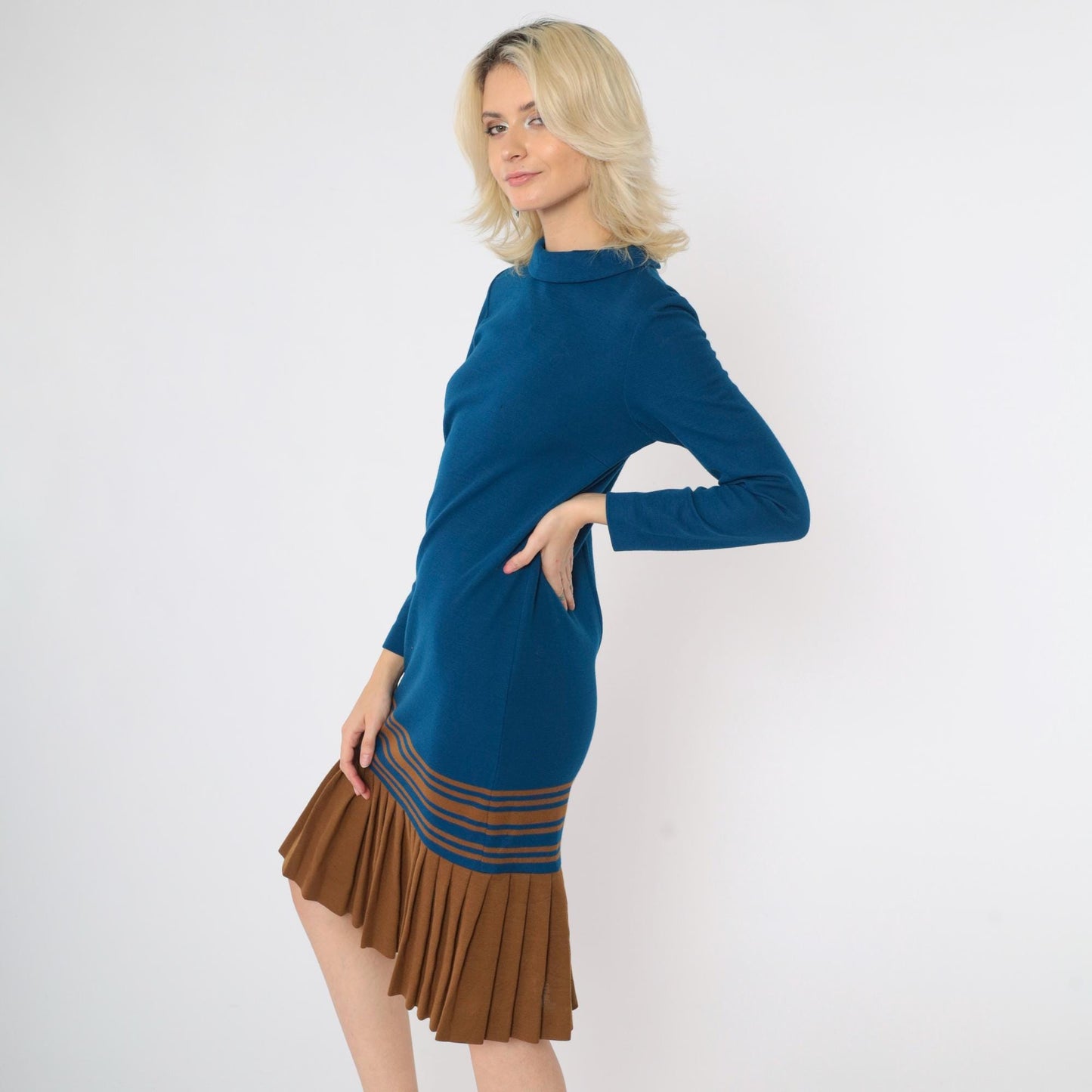 1960s Mod Scooter Dress Dark Blue Brown Striped Wool Drop Waist Small
