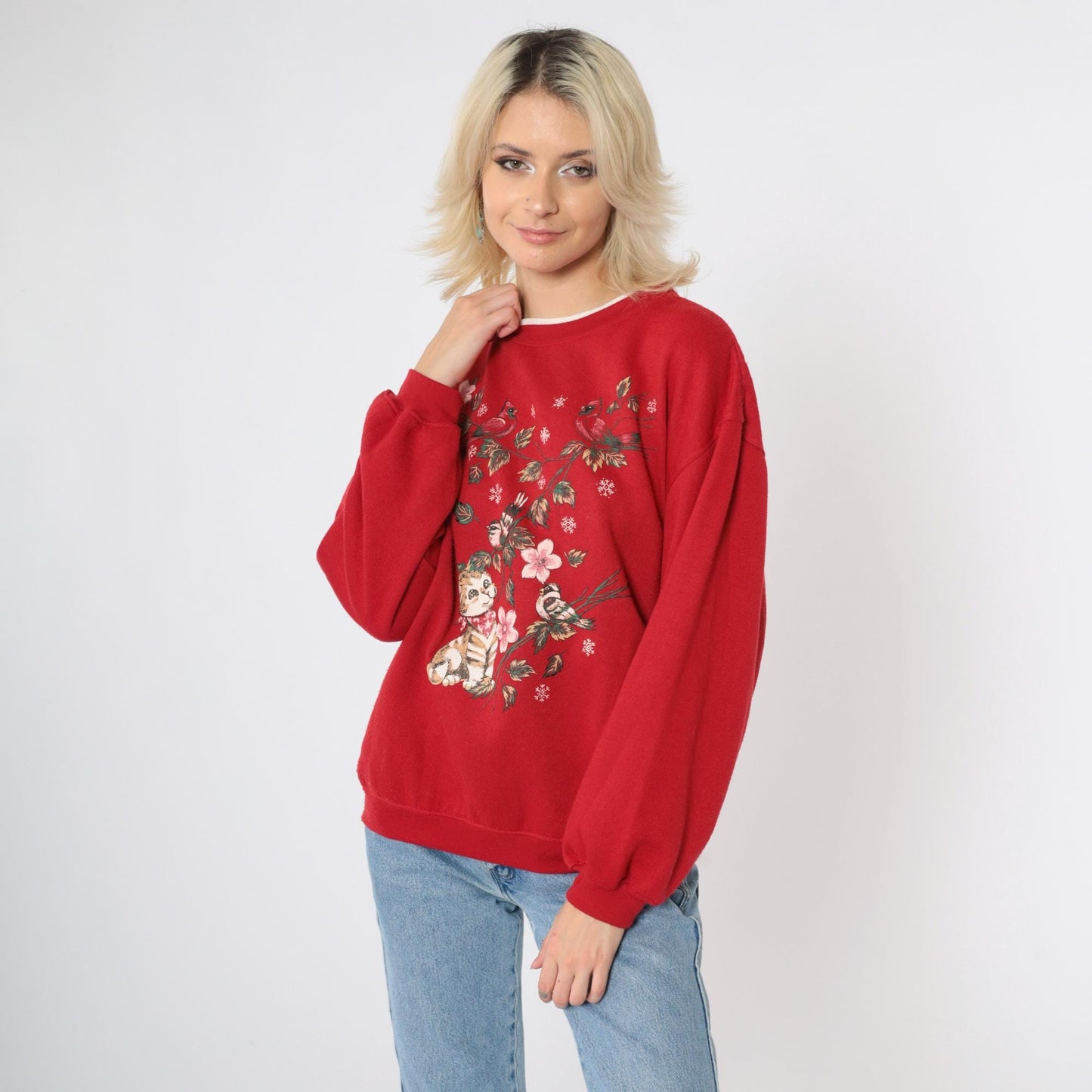 90s Cat Cardinal Sweatshirt Red Kitten Cherry Blossom Graphic Crewneck Medium M