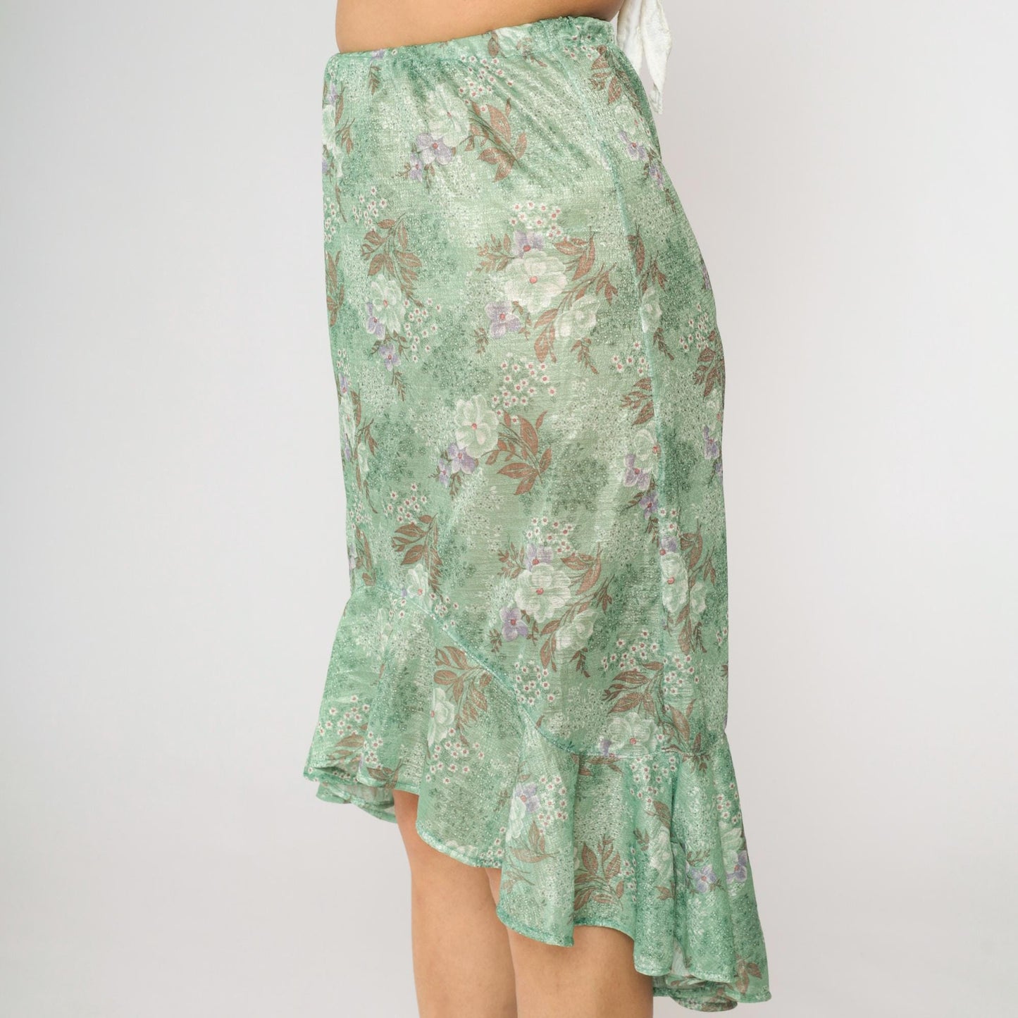 70s Green Floral High-Low Skirt Ruffled Hem Elastic Waist Small