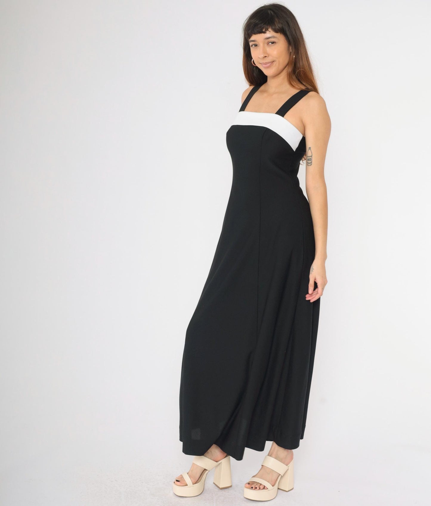 Y2K Black Maxi Dress White Chest Panel Square Neck Sleeveless Small 4