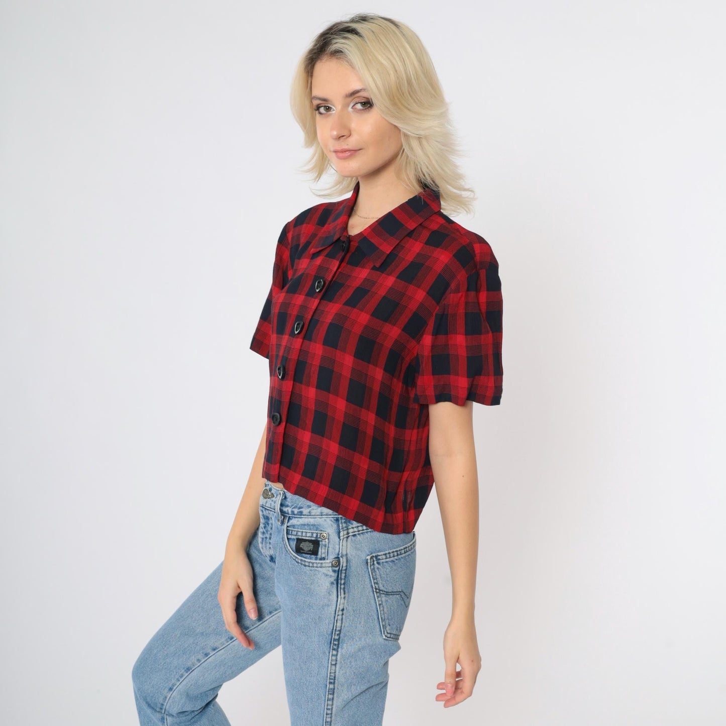 90s Jessica Howard Red Black Checkered Button-Up Blouse Short Sleeve Medium M