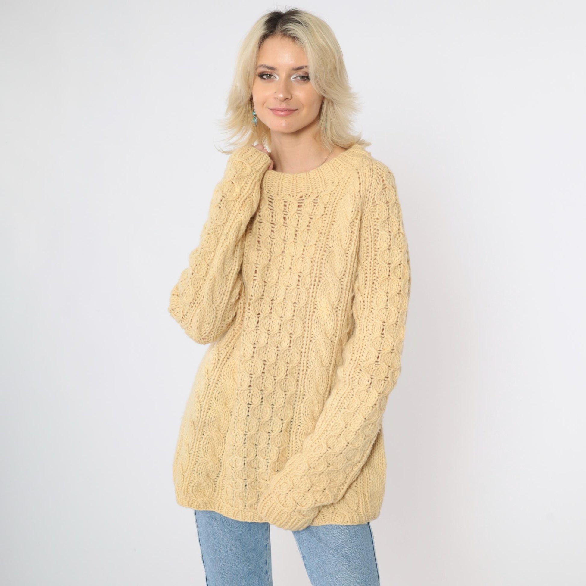 80s Yellow Cable Knit Sweater Crewneck Pullover Semi-Sheer Large L