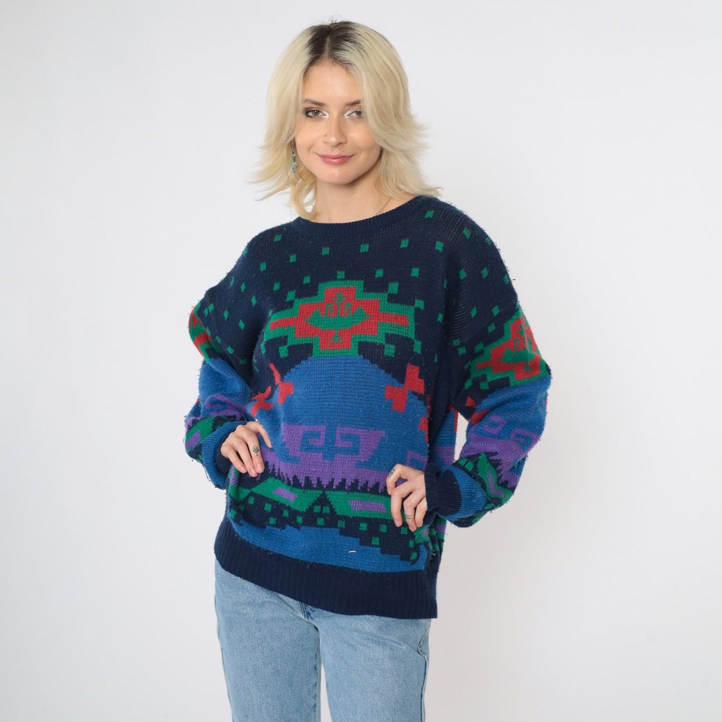 80s Sergio Geometric Sweater Navy Blue Red Green Abstract Crewneck Medium