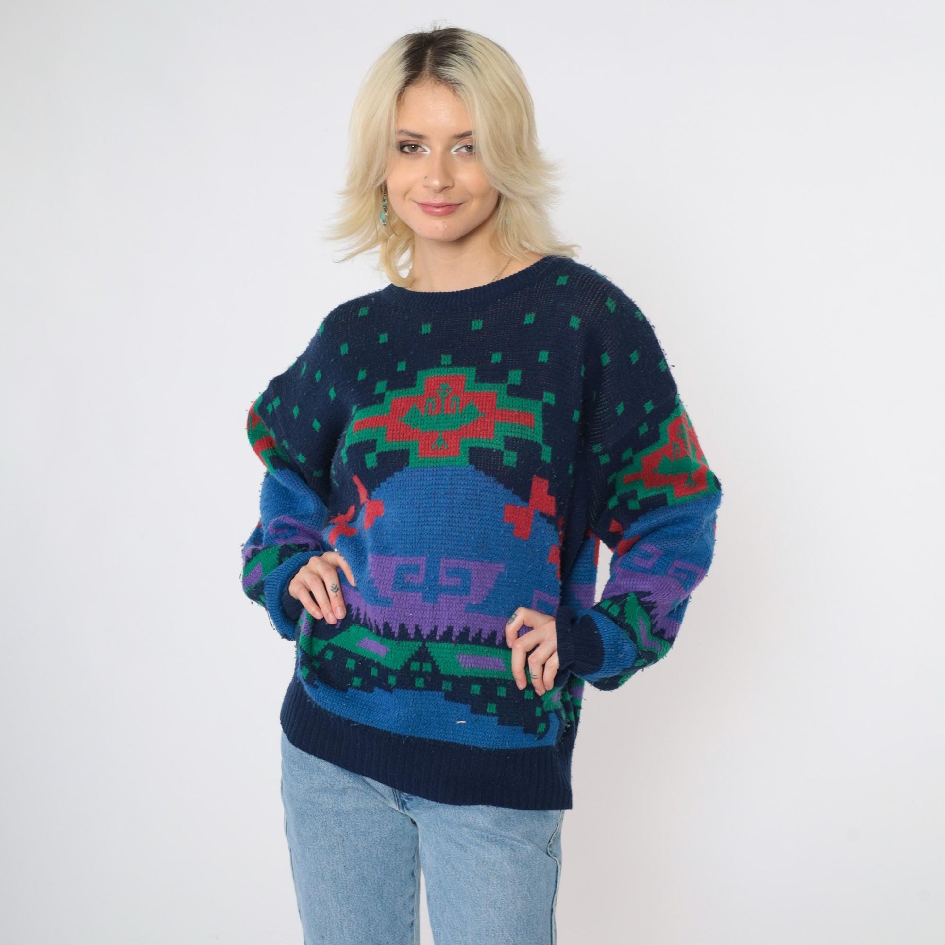 80s Sergio Geometric Sweater Navy Blue Red Green Abstract Crewneck Medium