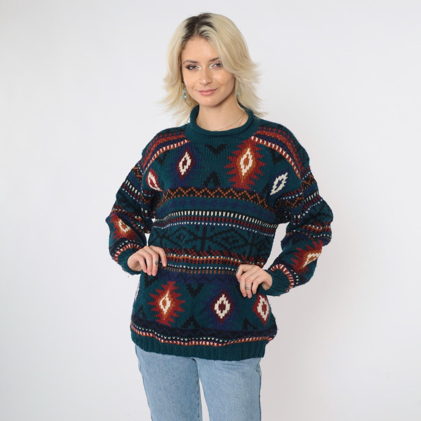 90s Early Winters Wool Southwestern Sweater Teal Geometric Roll Neck Medium M