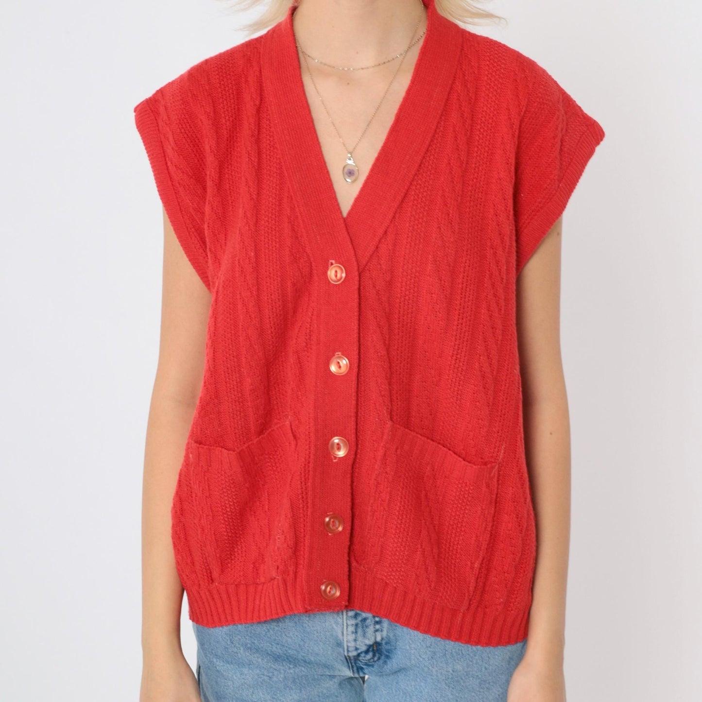 80s Red Cable Knit Vest Button-Up Cap Sleeve Top Medium Large