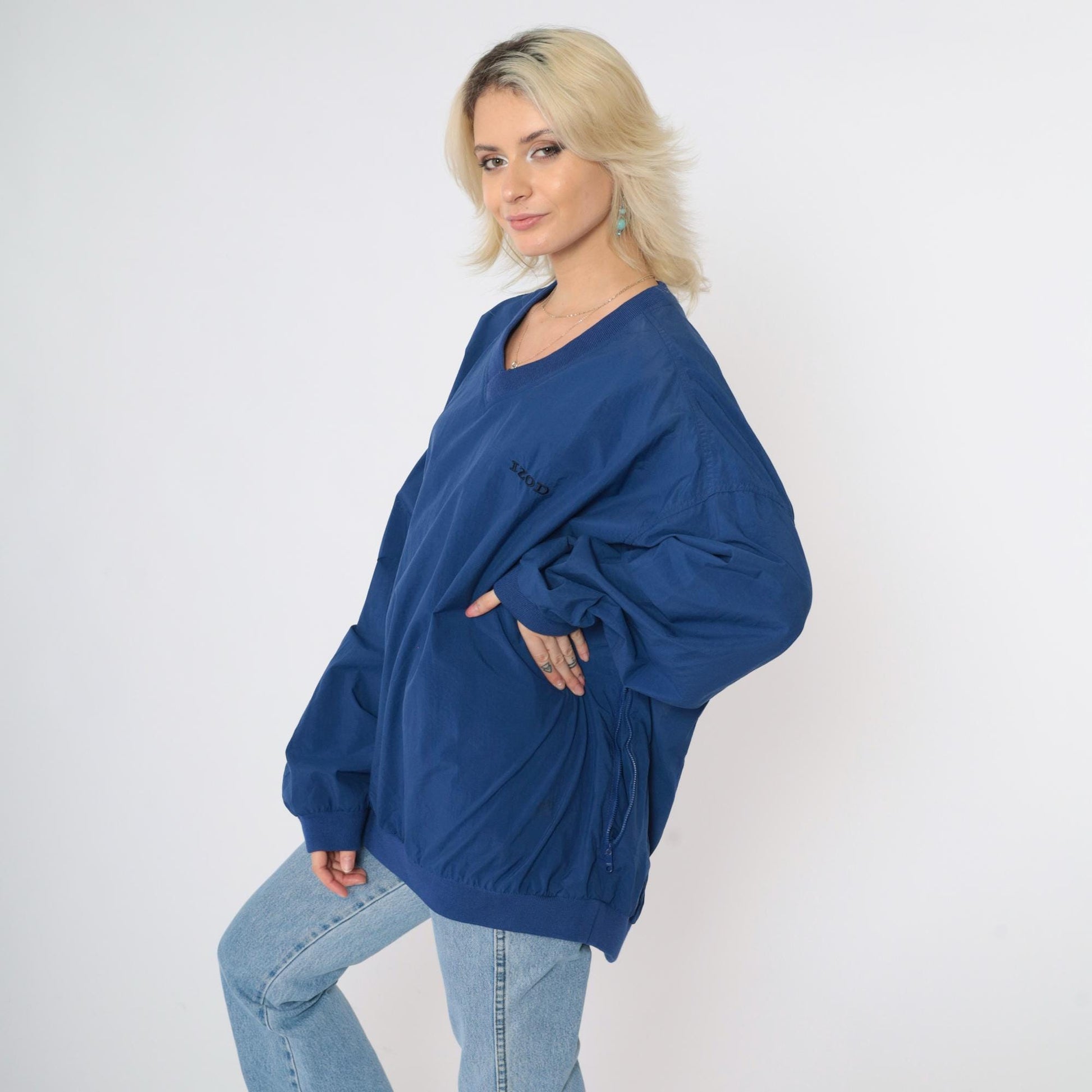 90s Izod Windbreaker Jacket Dark Blue V-Neck Pullover Nylon Extra Large XL