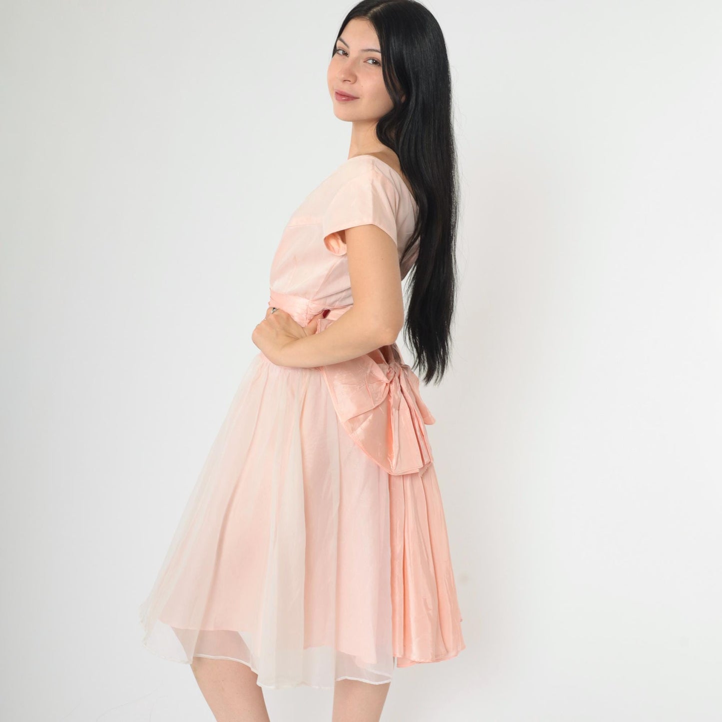 1950s Pink Taffeta Party Dress Chiffon Overlay Bow Back Knee Length Small