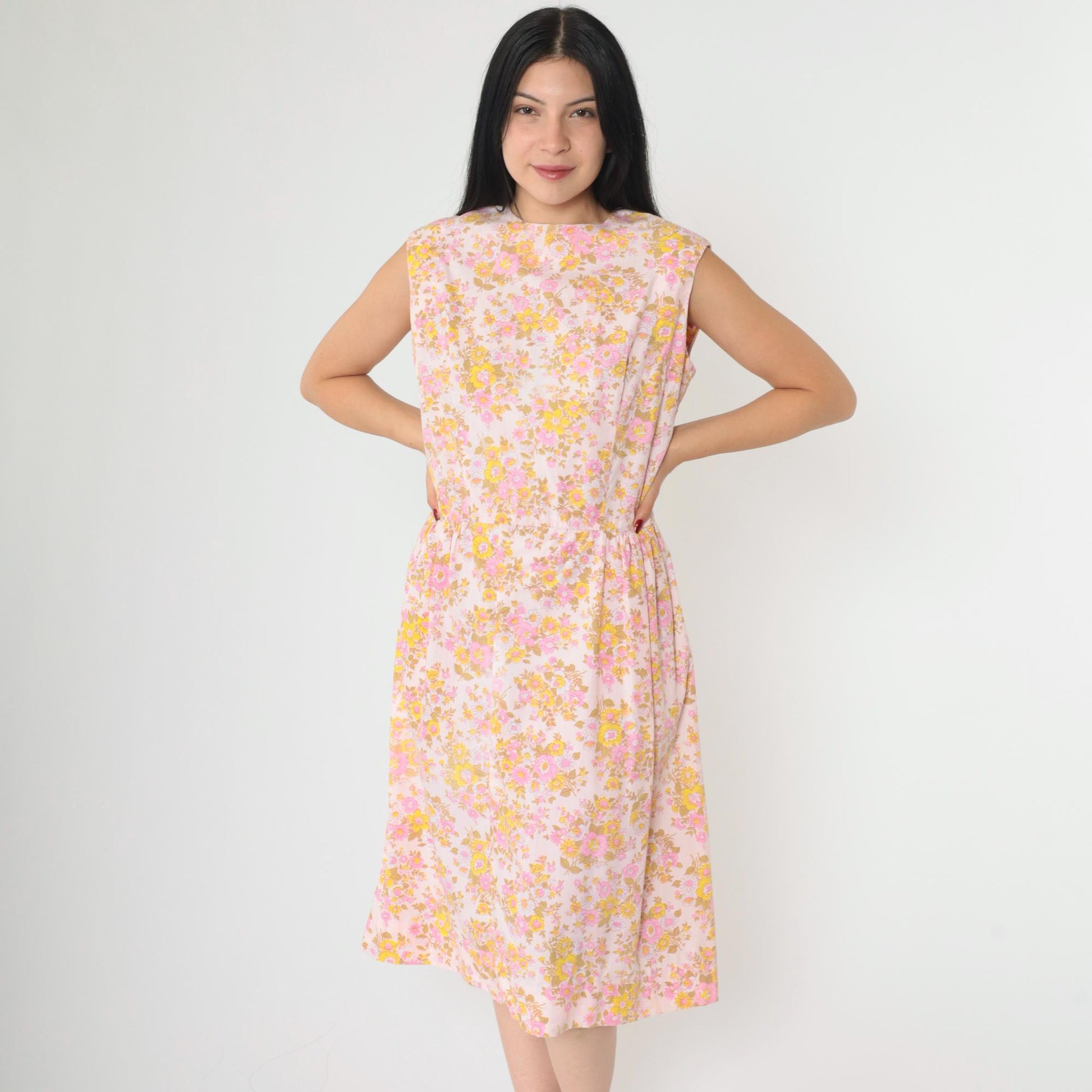 1960s Mod Floral Midi Dress Pink Yellow High Waist Sleeveless Medium