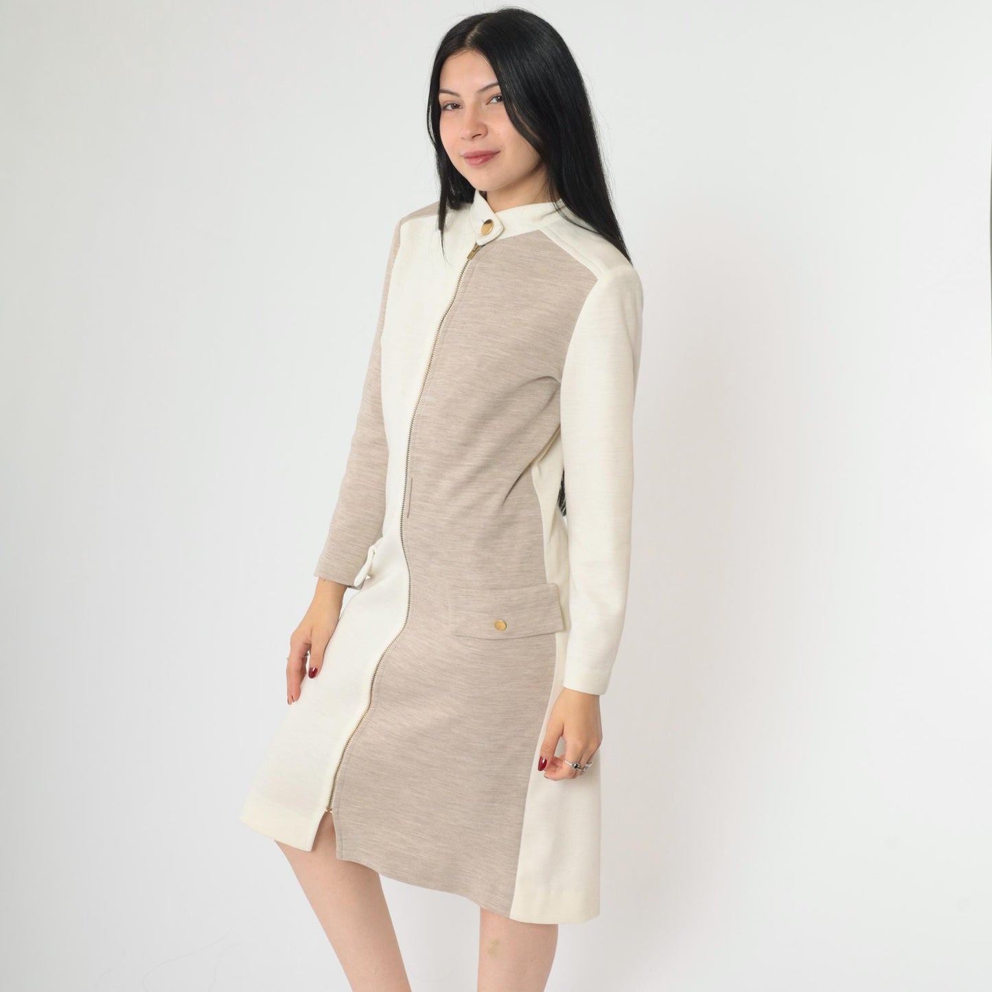 60s Mod Color Block Shift Dress White Taupe Front Zip Long Sleeve Medium