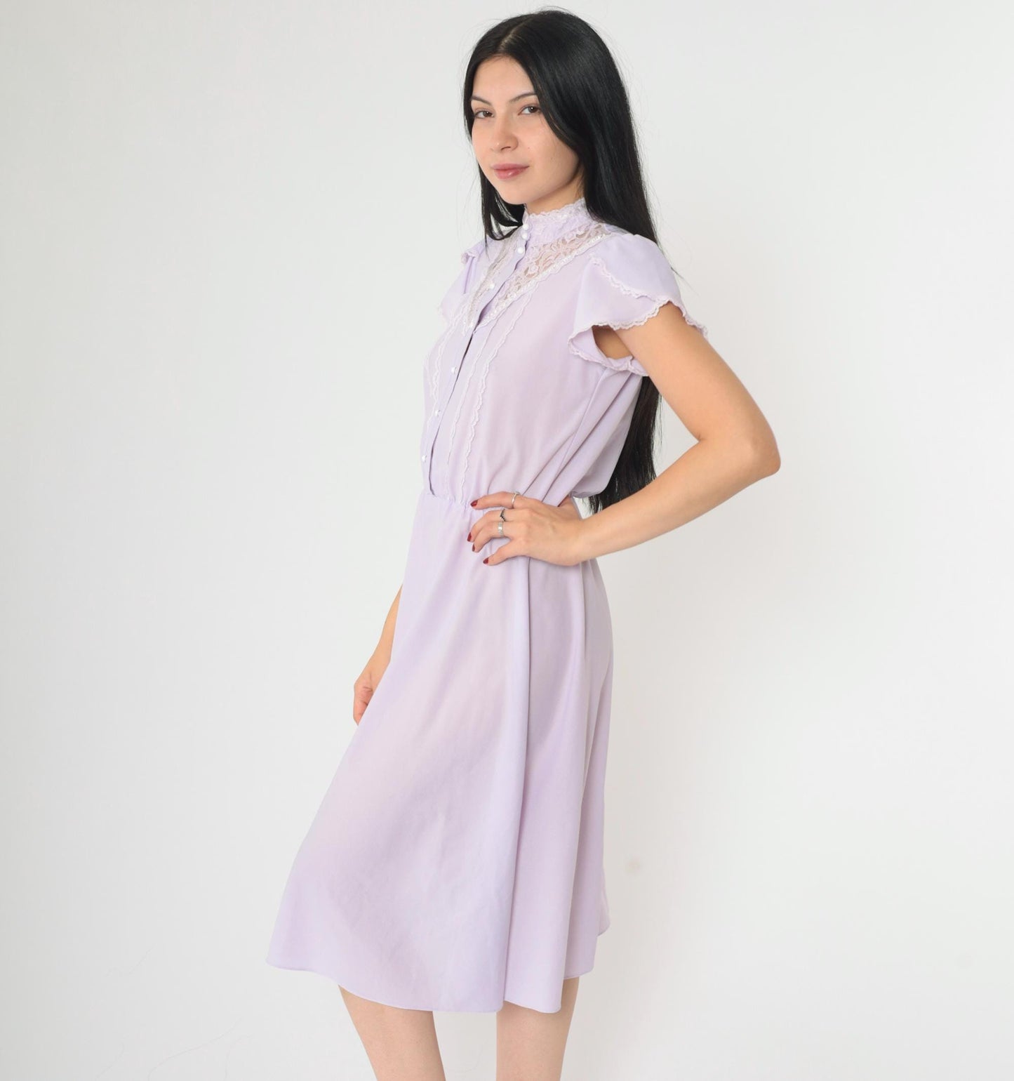 70s Lavender Midi Dress Lace Yoke Button Front Tulip Sleeve Small