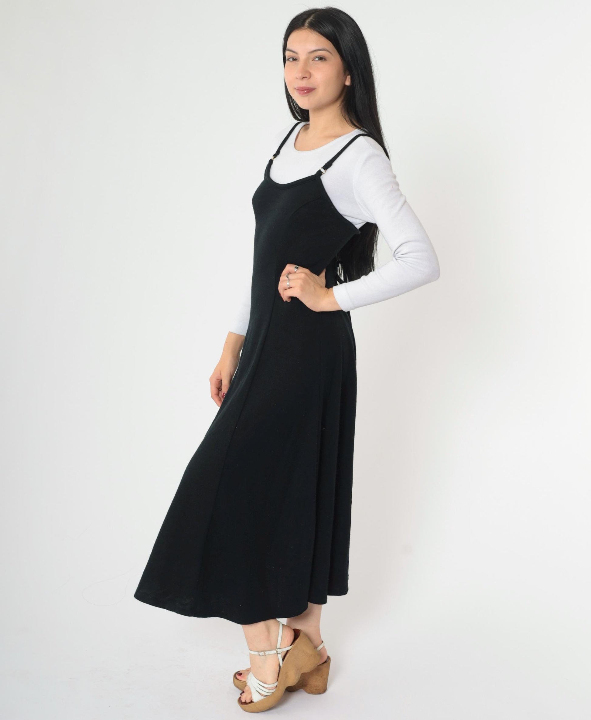 90s Black Midi Dress White Lace-Up Back Attached Shirt Small
