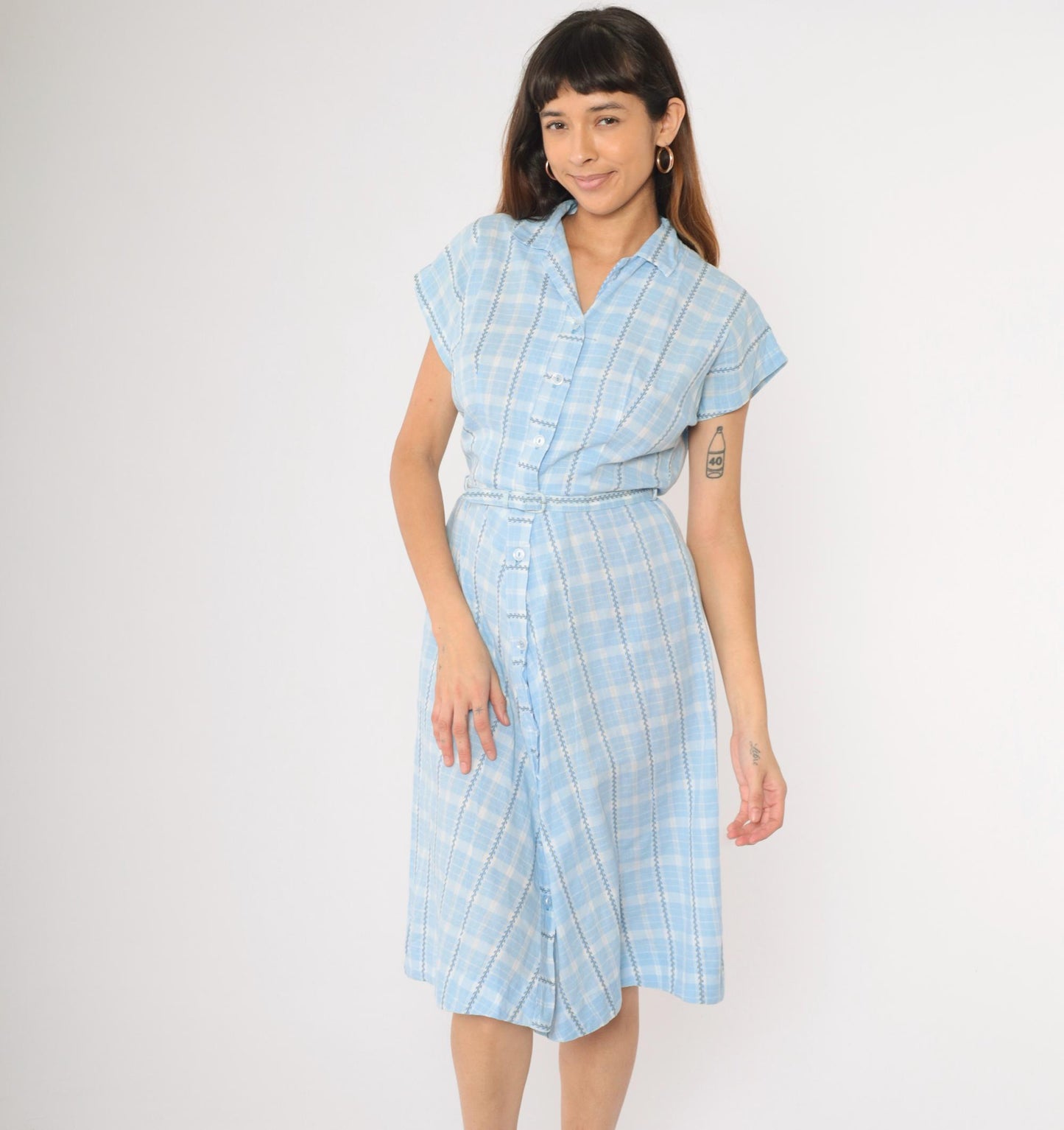 60s Brentwood Frocks Light Blue Plaid Shirtdress High Waist Button Front Small
