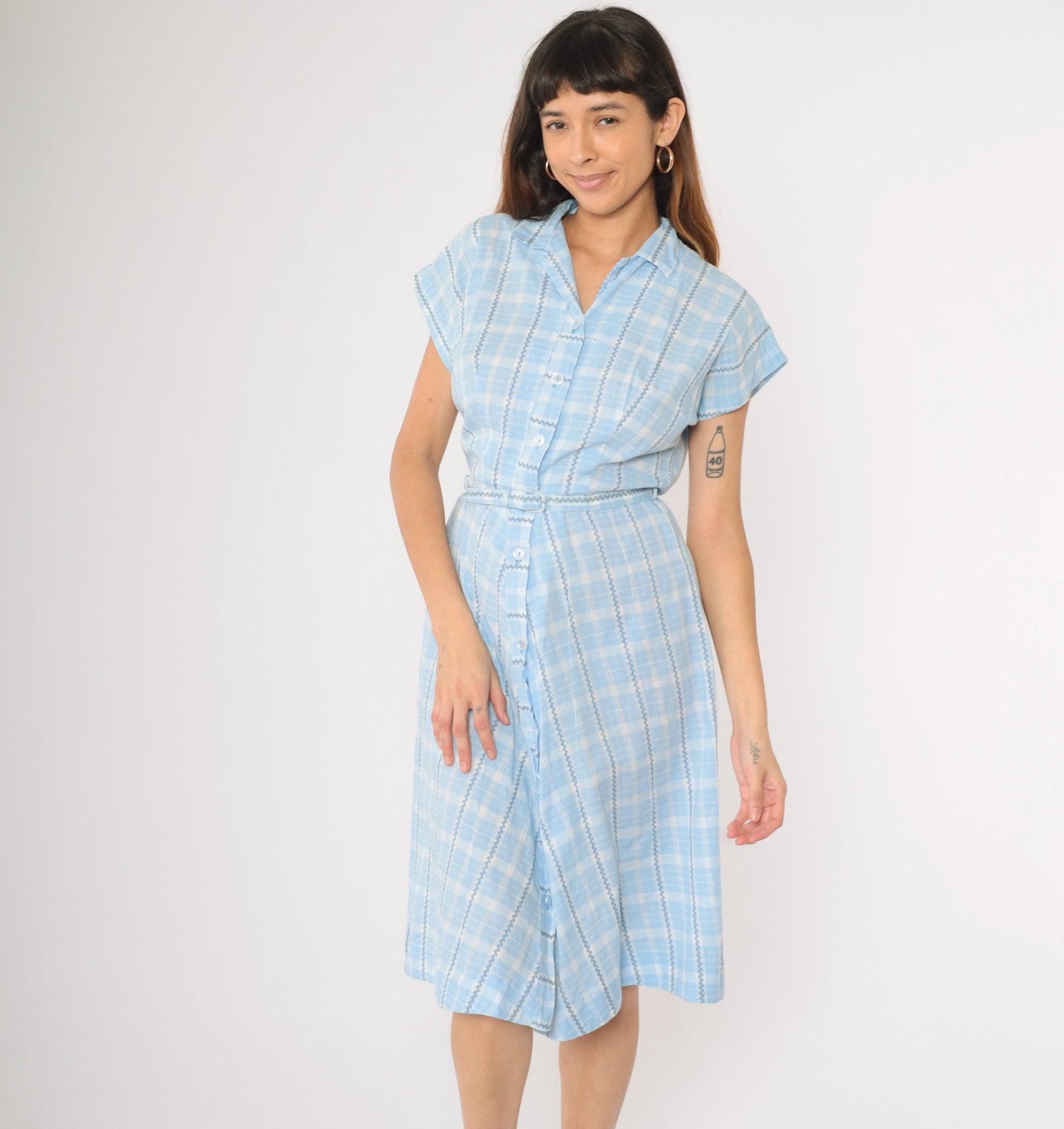60s Brentwood Frocks Light Blue Plaid Shirtdress High Waist Button Front Small