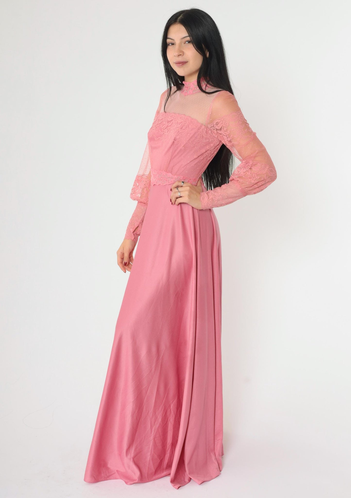 70s Pink Lace Maxi Dress High Neck Balloon Sleeve Small 4
