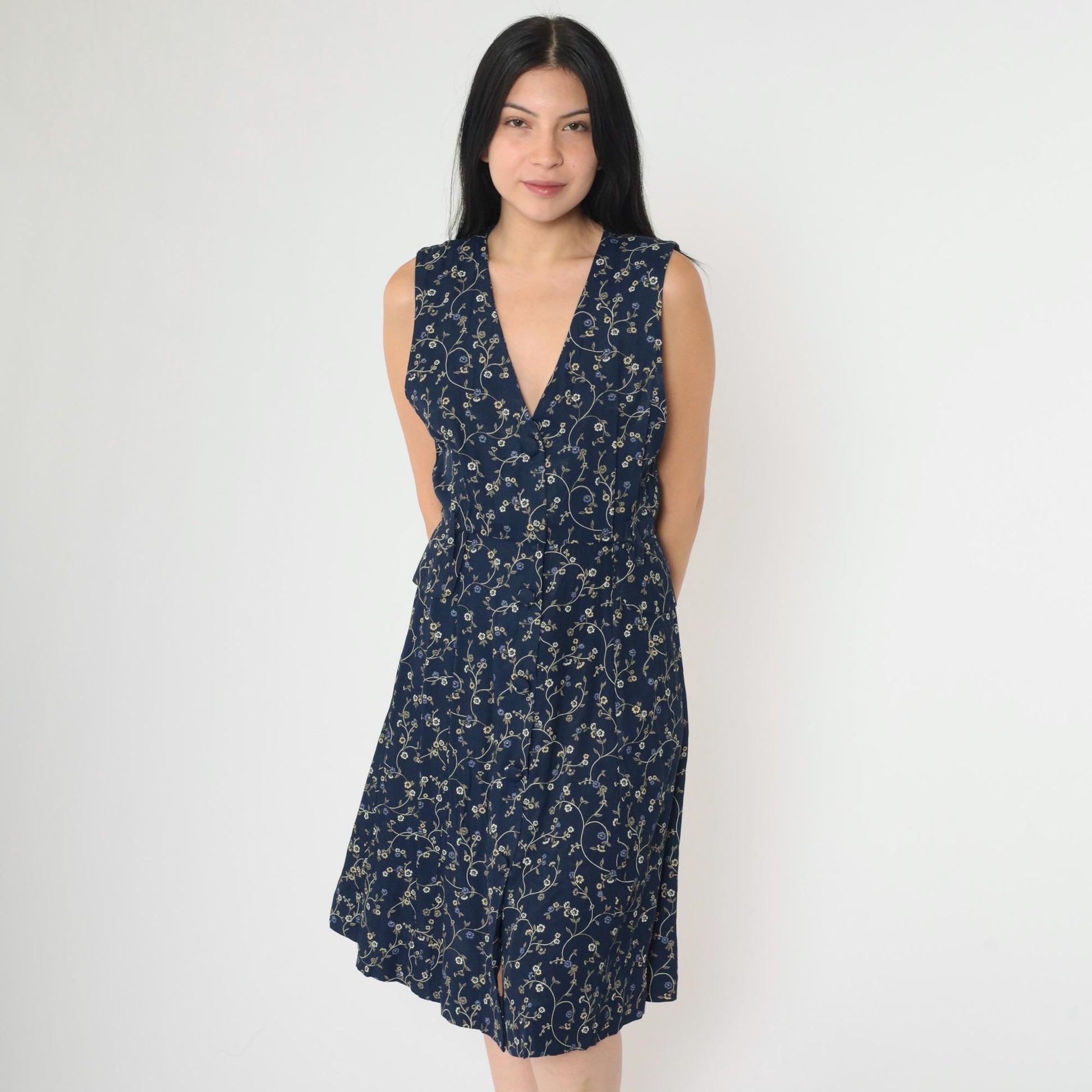 90s Navy Floral Jumper Dress Sleeveless V-Neck Mini Button-Up Small