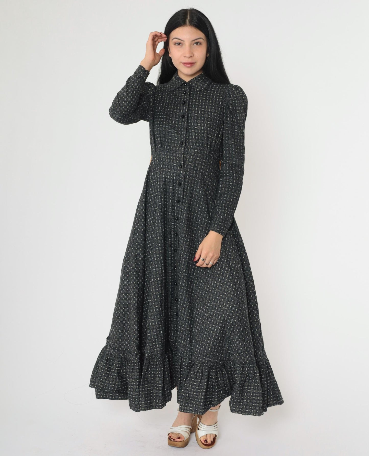 70s Black Floral Maxi Dress Peter Pan Collar Puff Sleeve High Waist Small