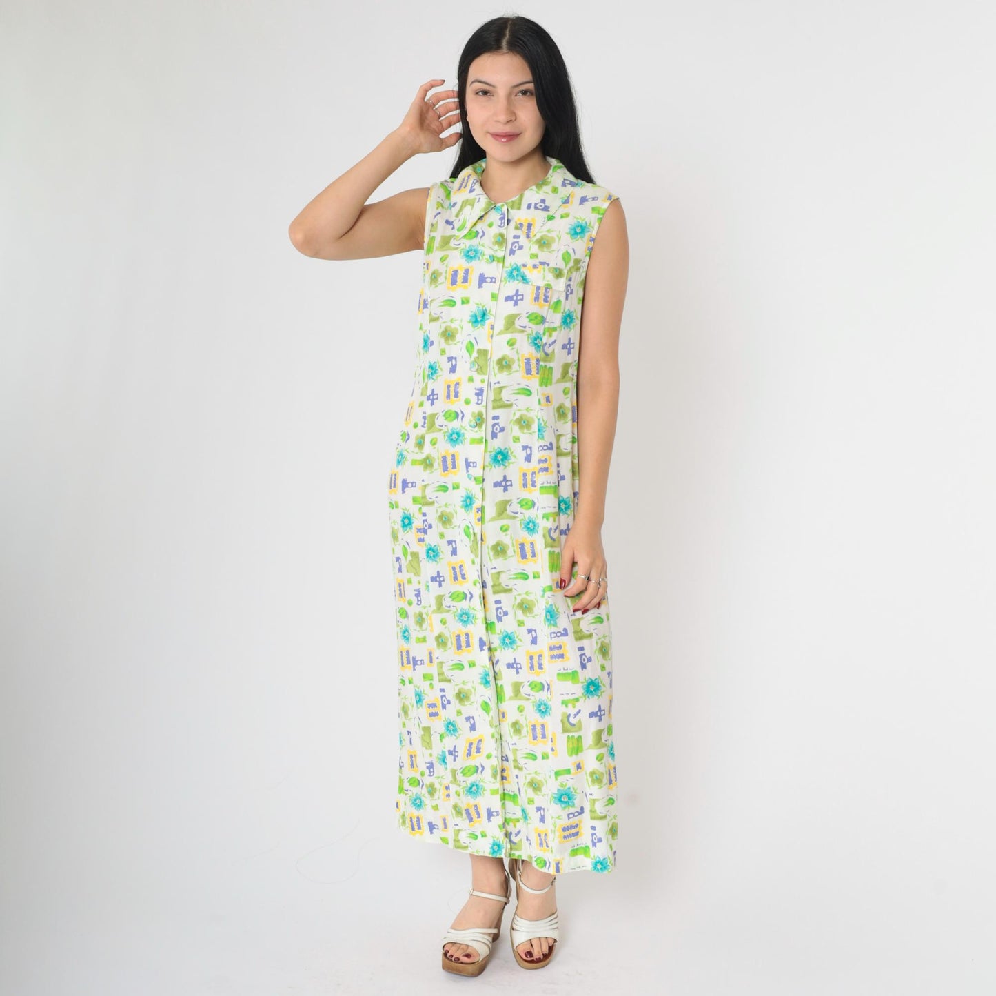 90s Floral Button-Up Dress White Green Blue Rayon Ankle Length Medium M